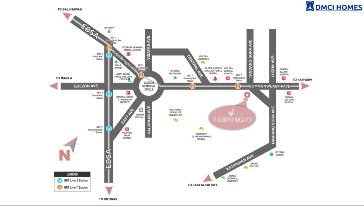 Capture a map highlighting the strategic location of The Erin Heights in Tandang Sora, Quezon City. The map should show the proximity to key establishments such as schools, hospitals, shopping malls, and transportation hubs. Use a clean and modern design style, with clear labels and icons. The map should convey a sense of convenience, accessibility, and connectivity. Use a realistic color palette and subtle shading to create a professional and informative visual. 8k resolution, hyperrealistic details.