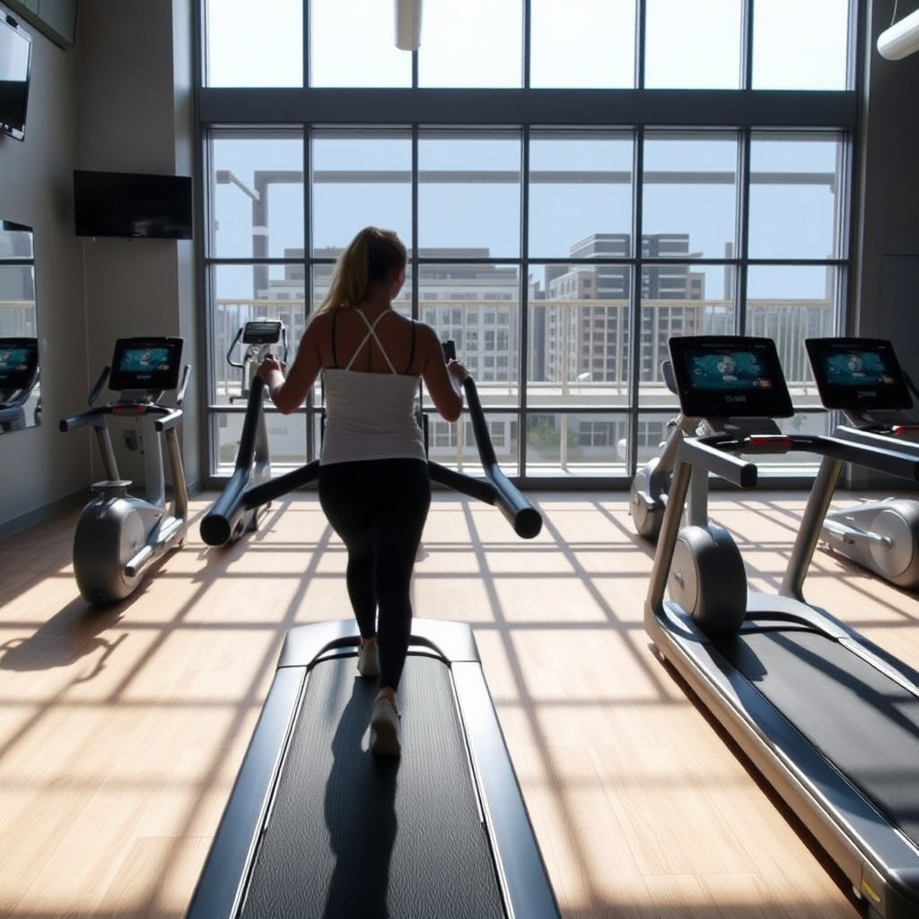 Show the state-of-the-art fitness equipment inside Mulberry Place Phase 2's gym. Focus on the technology, the clean and modern design, and the natural light. Include a silhouette of someone using the equipment to suggest activity. Style: architectural fitness photography.