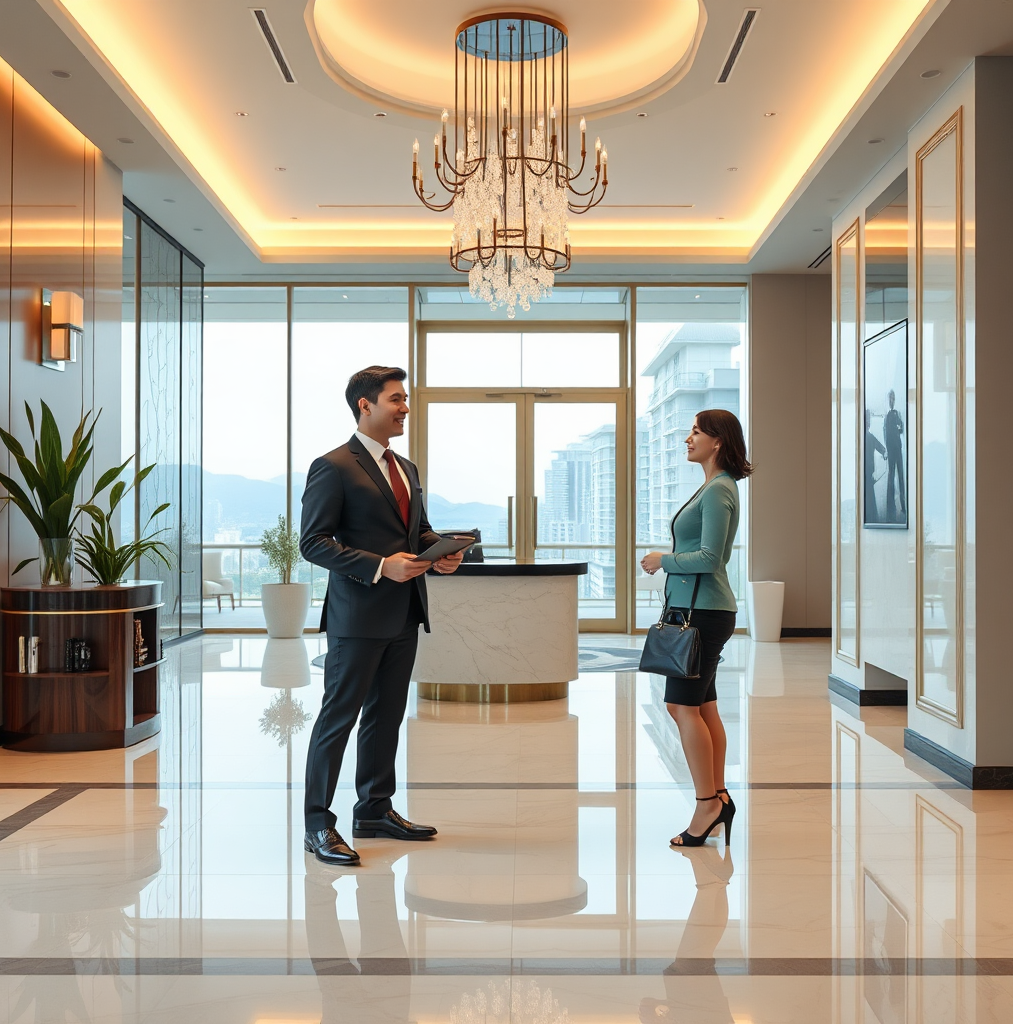 Visualize a friendly and helpful concierge assisting a resident in the elegant lobby of the Calinea Tower. Capture the concierge's professionalism and attentiveness. The lobby should be clean, modern, and inviting. 4K Resolution.