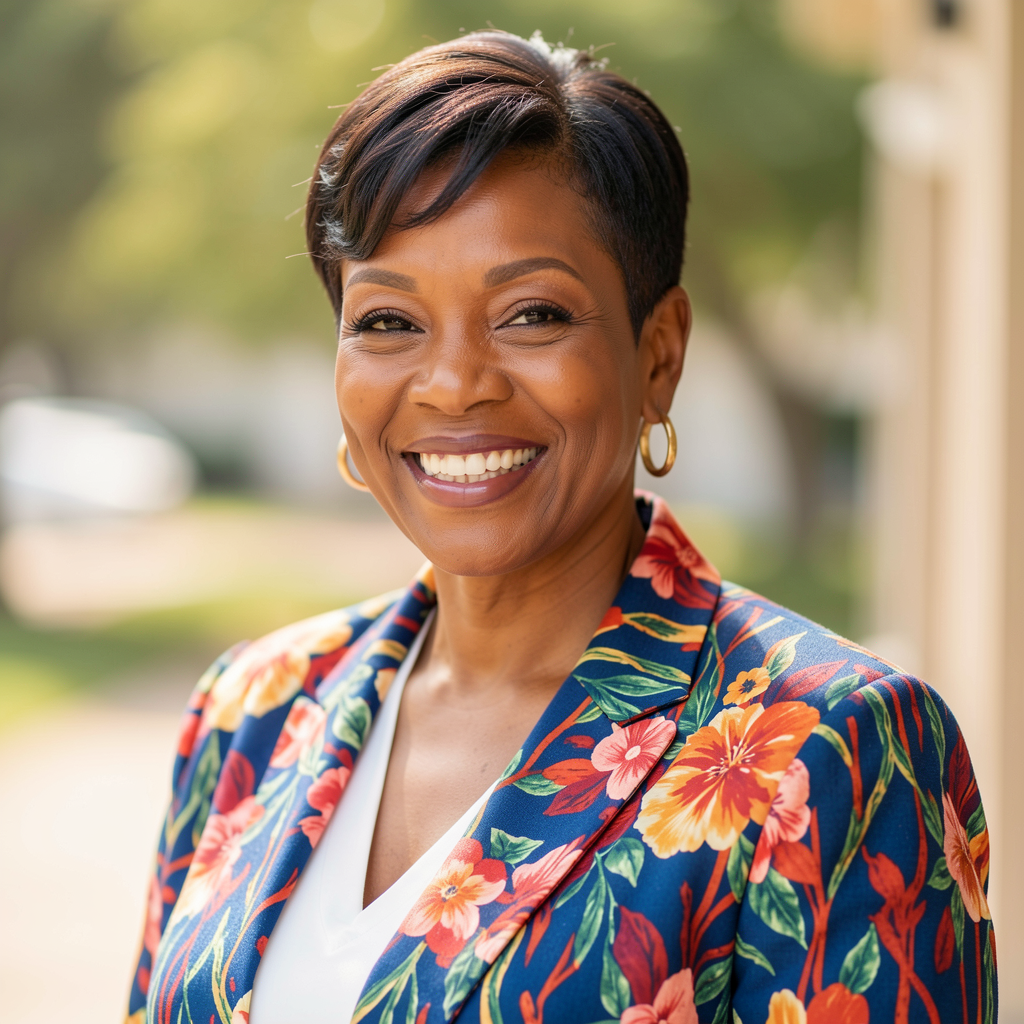 A confident, smiling Black woman over 60 in a stylish blazer.