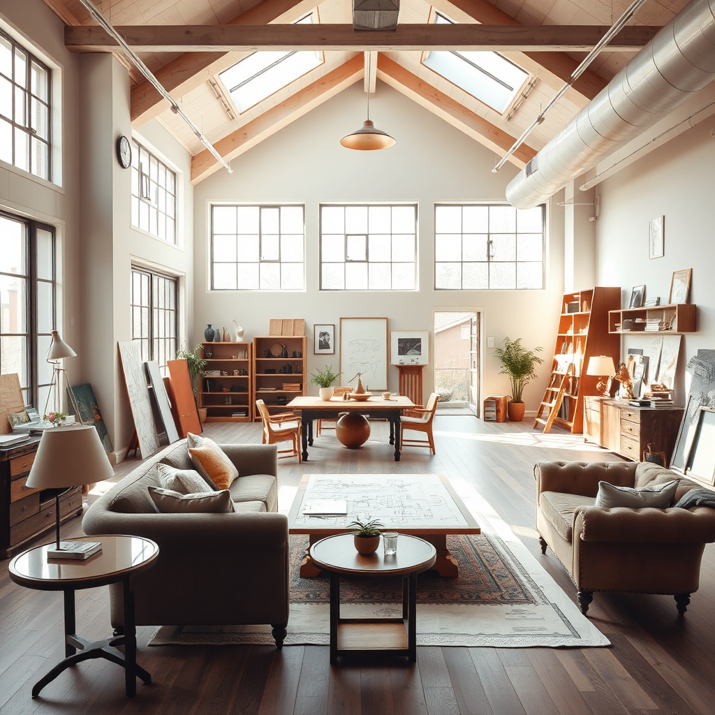 Architectural studio interior with blueprints