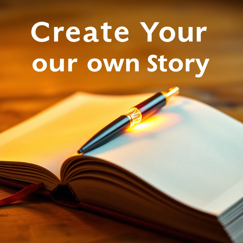 A blank book with a pen resting on top of it. The pen is glowing with a vibrant light, representing the power to create your own story. The background is blurred, emphasizing the focus on the book and pen. The style should be inspiring and empowering. The color palette consists of warm yellows, oranges, and golds. The image should convey a sense of possibility and optimism.