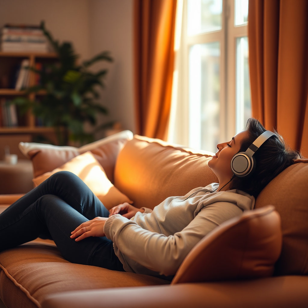 A cozy living room setting bathed in warm light. A person is relaxing on a sofa, listening to guided hypnotherapy with headphones. The scene should evoke comfort, relaxation, and convenience. The color palette should consist of warm browns, oranges, and creams. The overall feel is one of peace and tranquility.