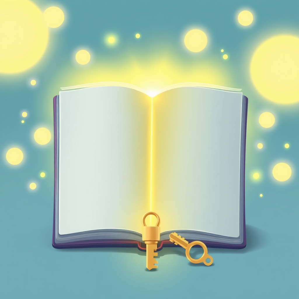 A customizable blank book that is glowing with a vibrant inner light, surrounded by glowing light orbs. The overall scene should evoke customization and inner potential being unlocked. A personalized key unlocks the book. Color Palette: calming blues, vibrant greens, and soft yellow accents. Style reference: illustration with soft glowing effects.