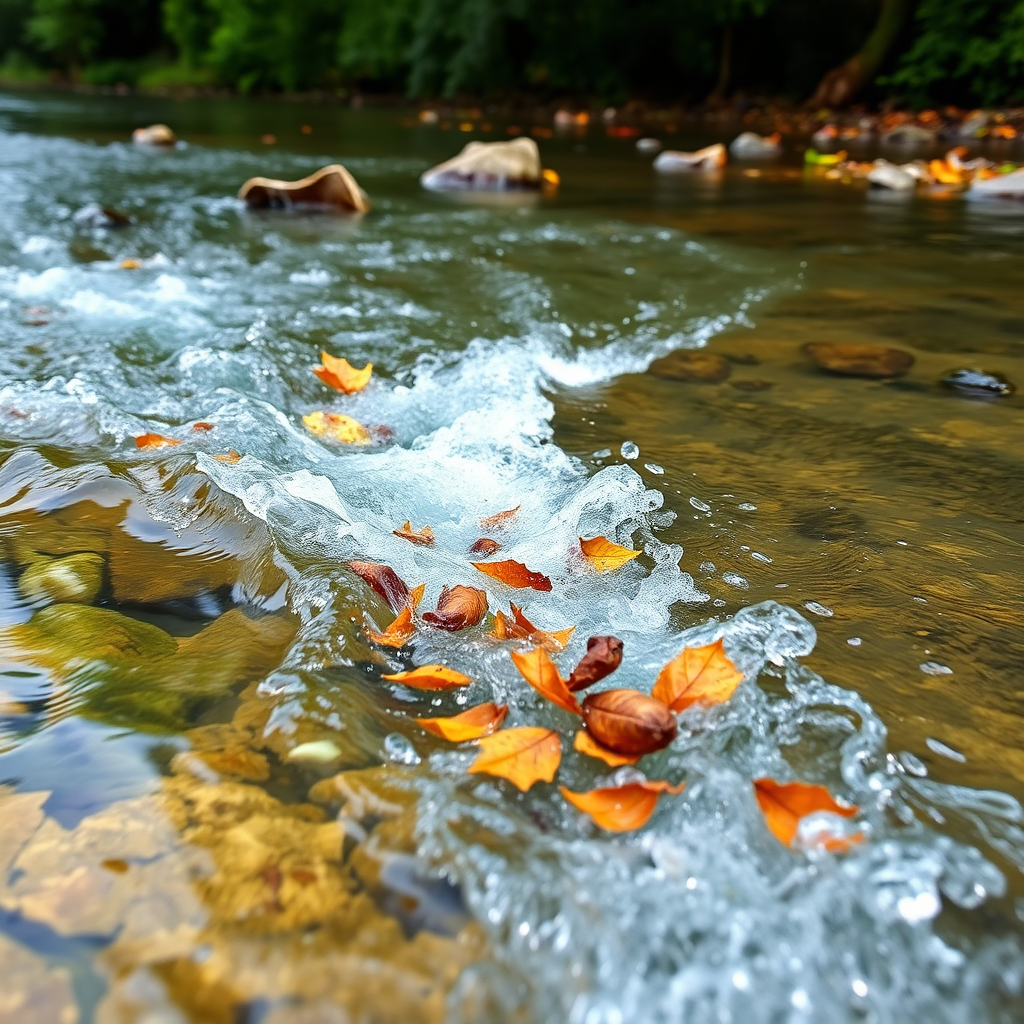 A flowing river with crystal-clear water, carrying away leaves and debris. The water represents the cleansing of emotions, and the leaves and debris represent negative energies being released. The background is lush and green, representing renewal and growth. The color palette should consist of blues, greens, and browns. The overall feel is one of peace and tranquility.