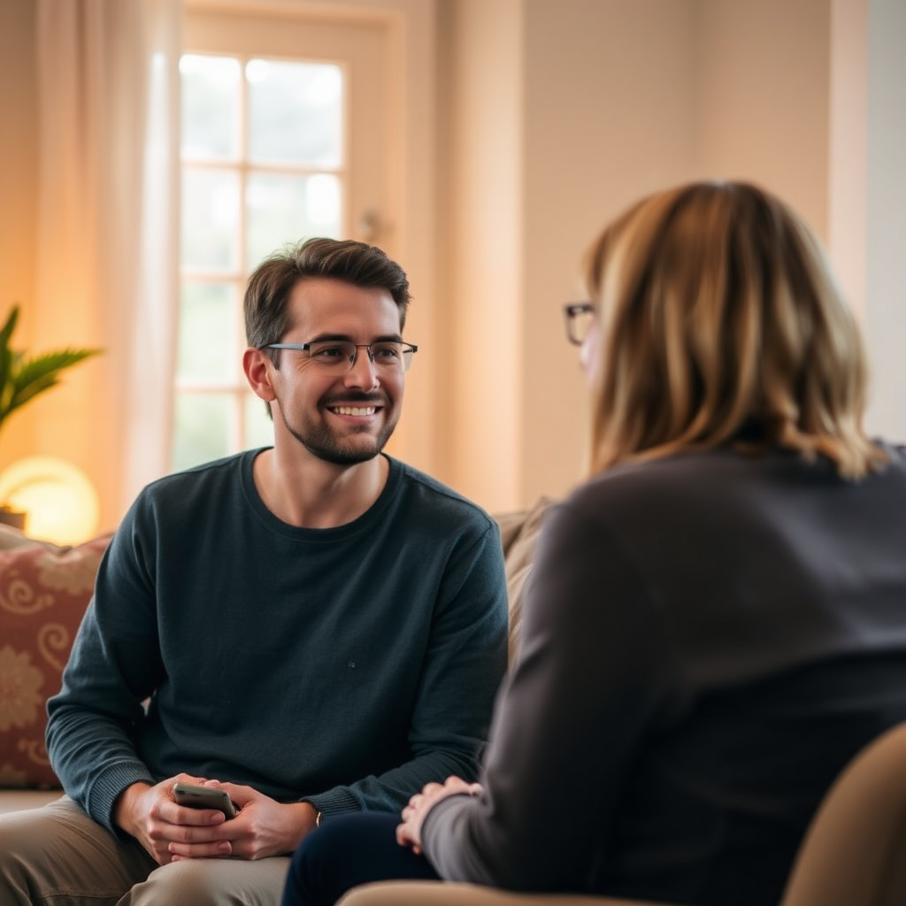 A one-on-one coaching session visual with someone in a coaching session with warm, inviting light. Focus on the connection between the life coach and the student with calming colors.
