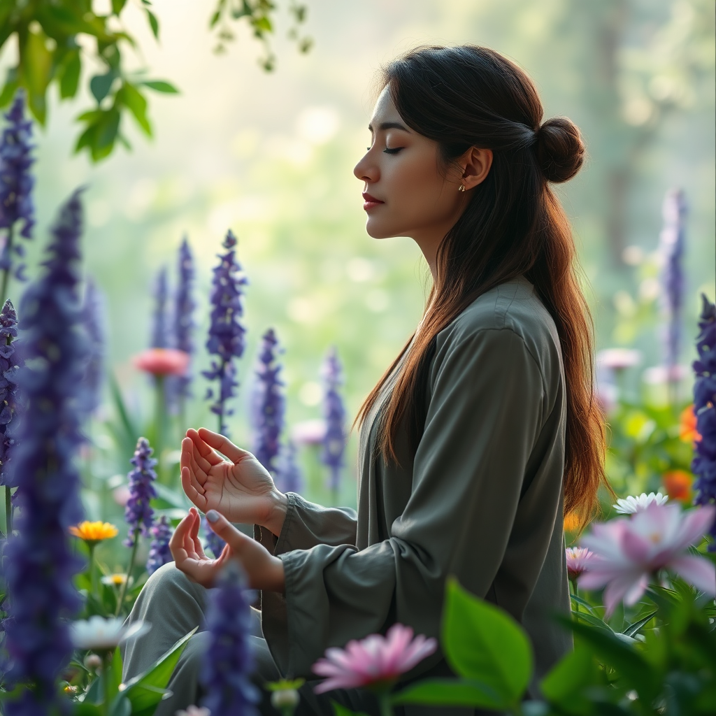 A person meditating in a peaceful garden, surrounded by flowers and greenery. The person is breathing deeply, and their face is relaxed. The scene should evoke tranquility, harmony, and balance. The color palette should consist of greens, purples, and pinks. The overall feel is one of peace and serenity.