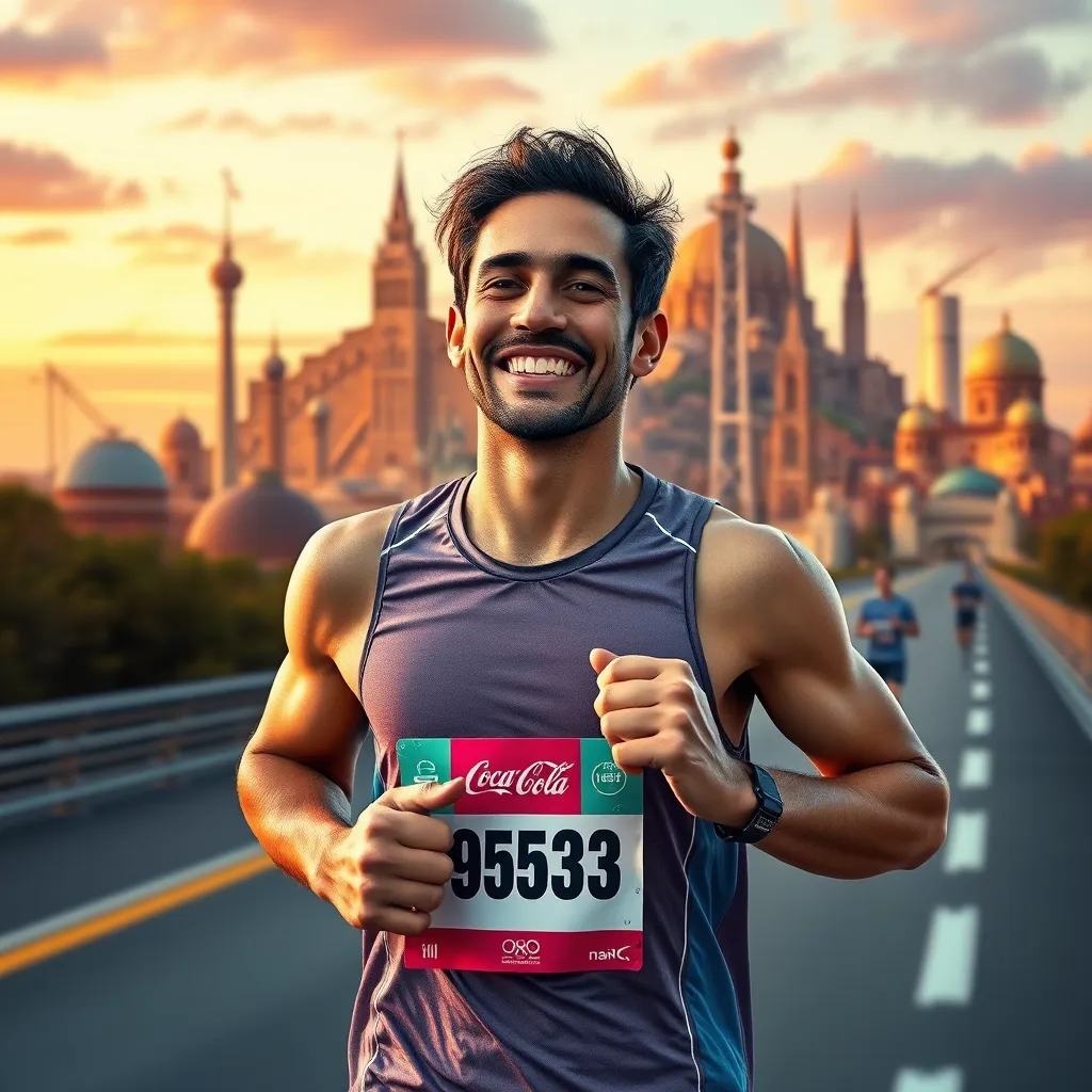 A person running a marathon. The background is filled with vibrant landscapes and landmarks representing various milestones achieved along the way. The person is smiling and filled with determination, showcasing the joy and satisfaction of progress.