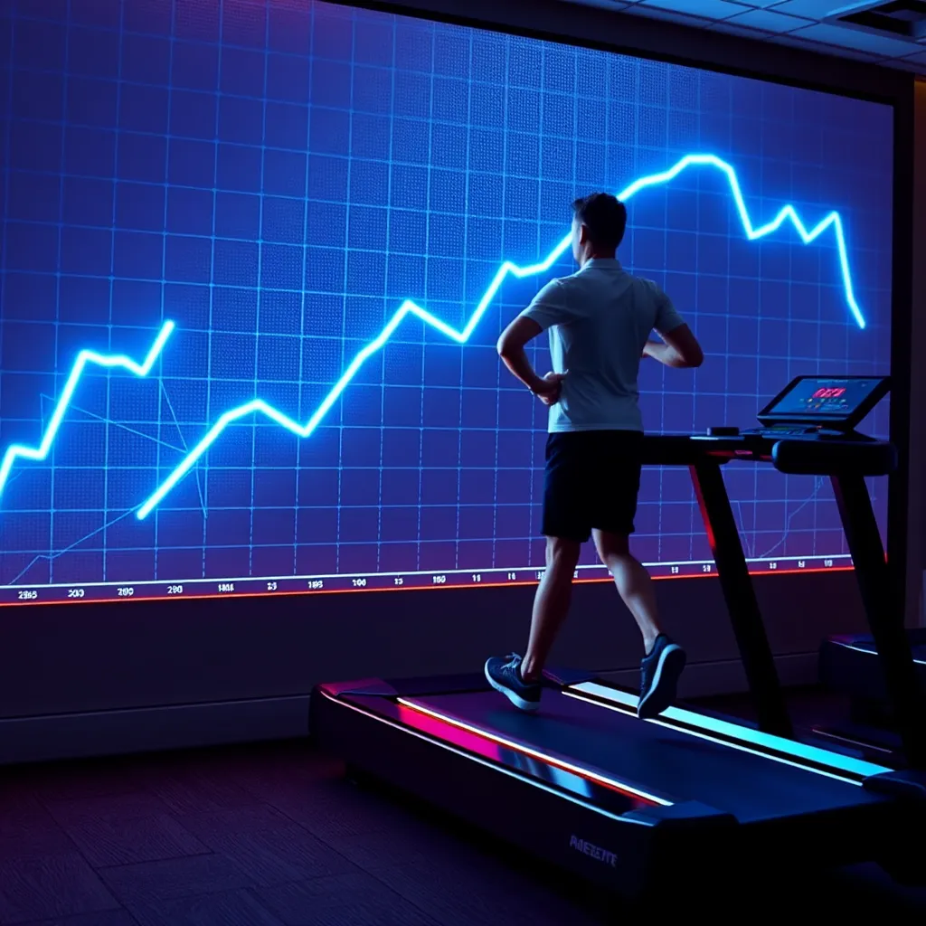 A person running on a treadmill, surrounded by a digital display showing a steady, upward trend line. The treadmill symbolizes consistent effort, and the trend line represents the growth of a habit over time.