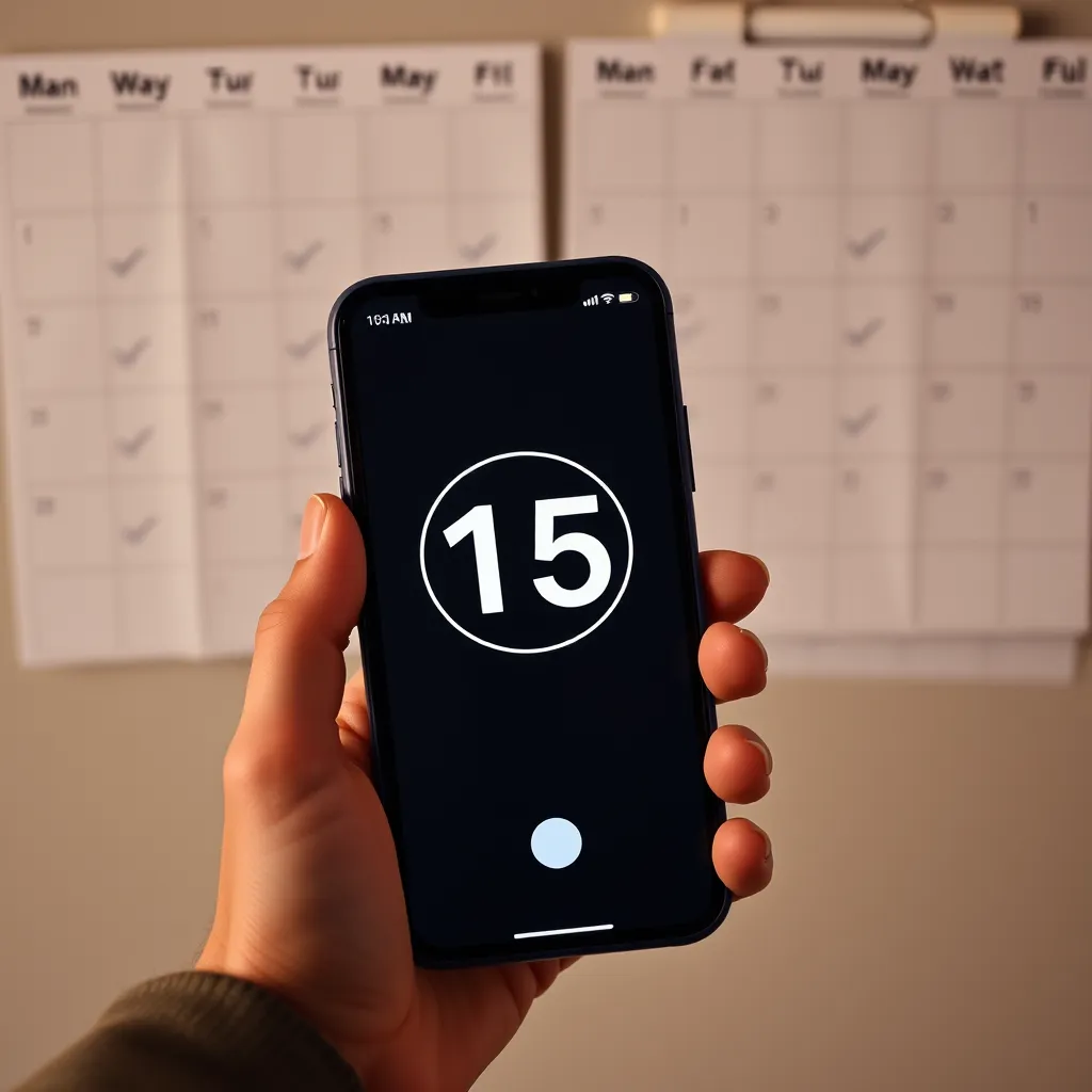A person setting a timer for 15 minutes on their phone, with the timer displaying the number 15, and in the background a wall calendar with checkmarks next to each day, indicating consistent progress. The image should have a warm, inviting tone, showcasing the idea of small steps leading to consistent achievement.