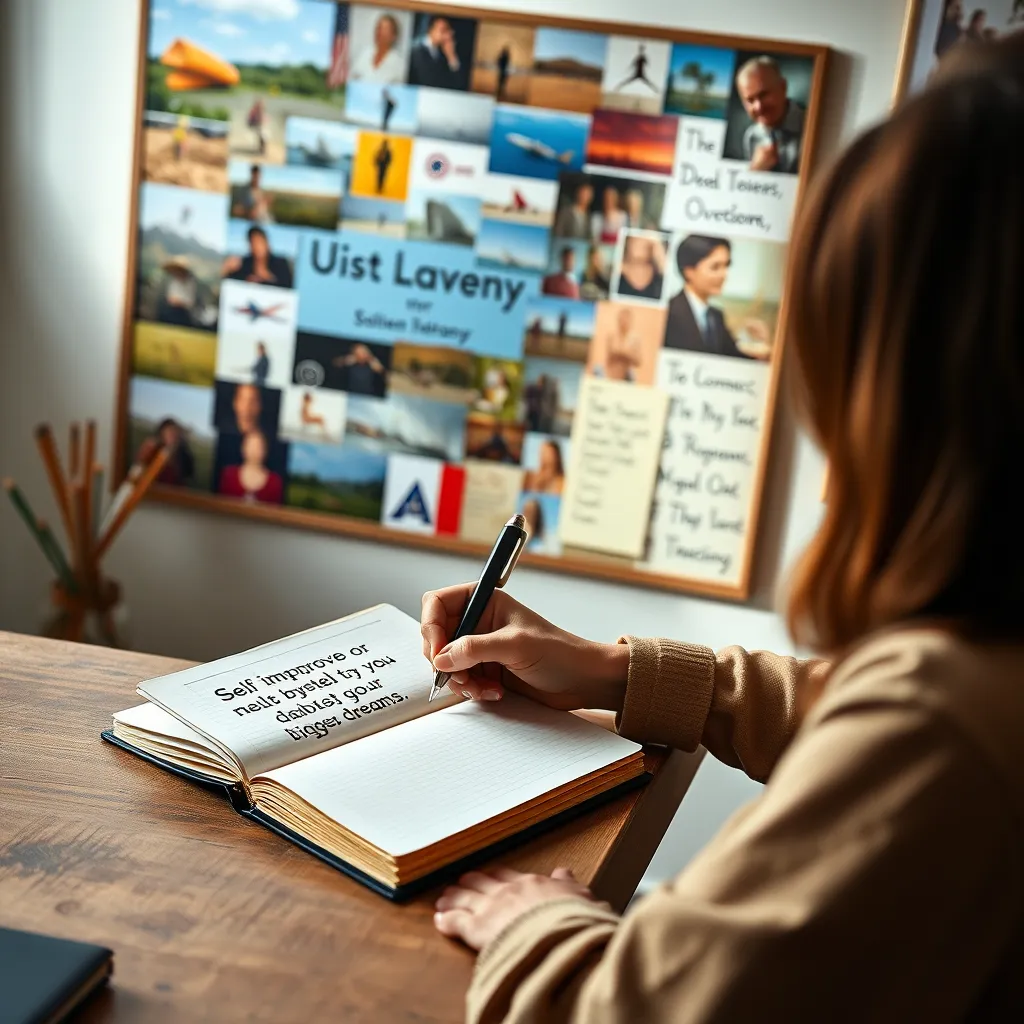 A person sitting at a desk, writing in a journal, with a motivational quote about self-improvement visible on the page. In the background, a vision board filled with images representing personal goals and dreams. The image should radiate a sense of purpose and clarity, showcasing the importance of connecting habits to a bigger vision.