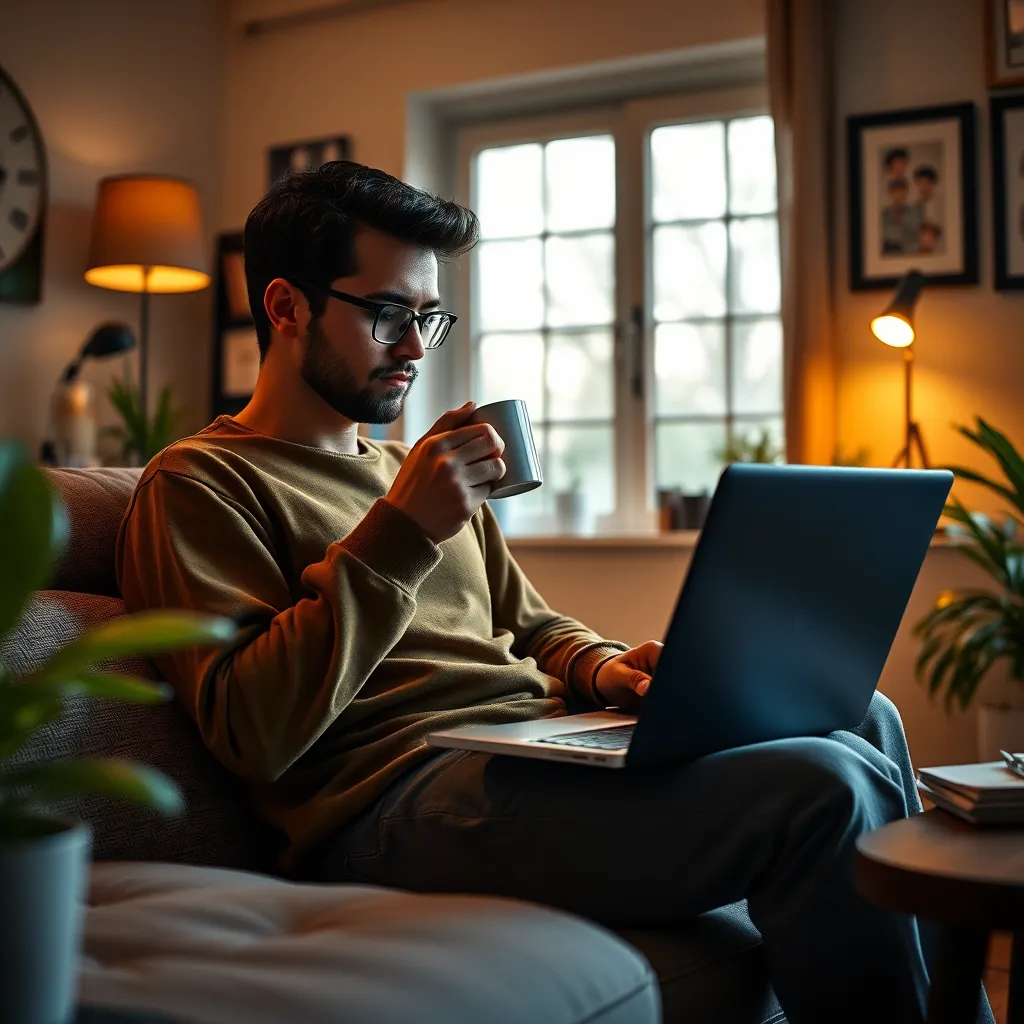 A person sitting comfortably in a home office, enjoying a cup of coffee while working on a laptop. The scene evokes a sense of ease and comfort, symbolizing a pleasurable and rewarding habit.