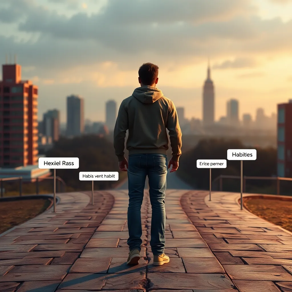 A person standing at a crossroads, with multiple paths leading in different directions. Each path is labeled with a different habit or activity, representing a flexible approach to habit formation. The background could feature a cityscape, emphasizing the dynamic nature of life and the need for adaptability.