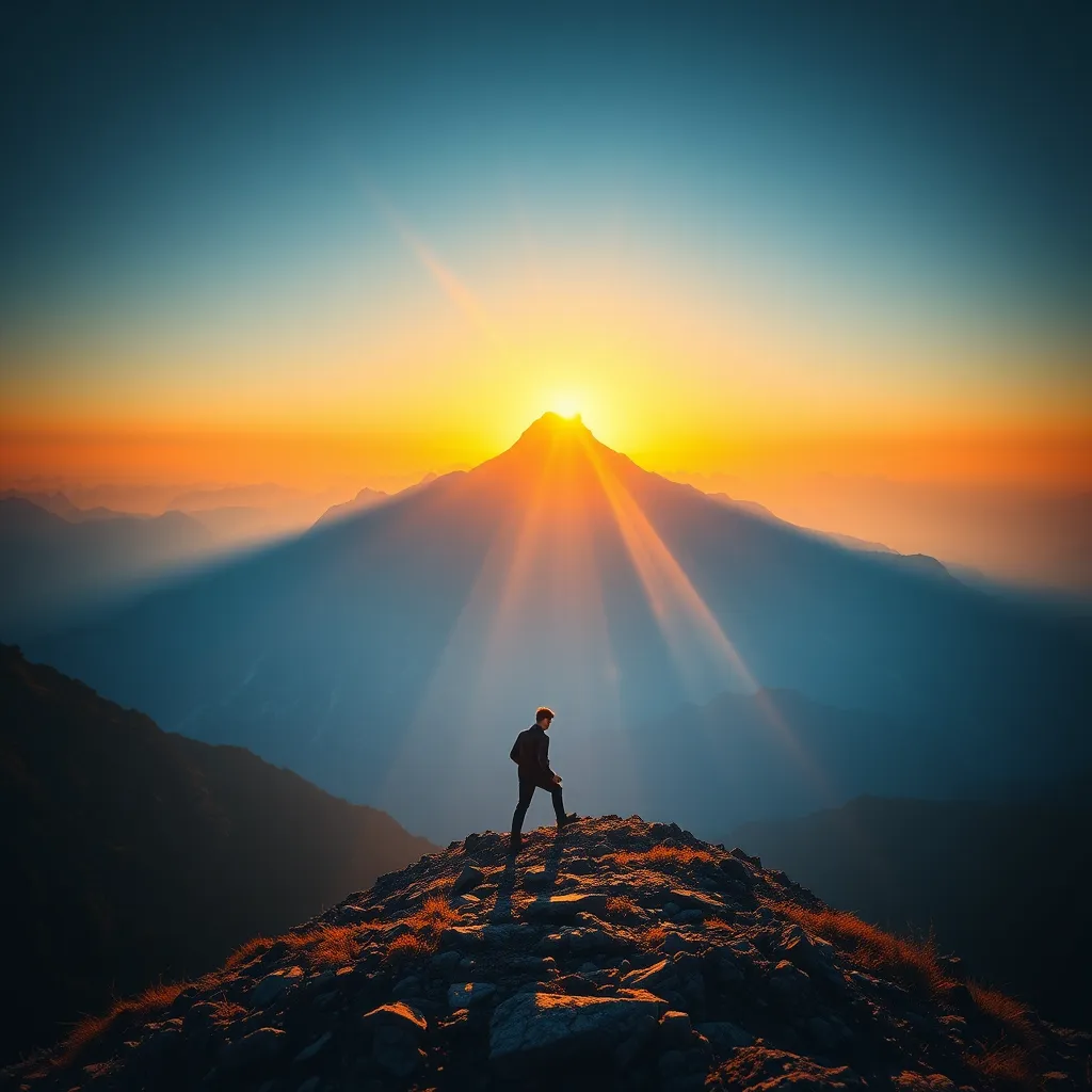  A person standing at the base of a mountain, taking a small step forward, with a sunrise in the background. The mountain represents a new habit, and each step symbolizes progress towards mastery.