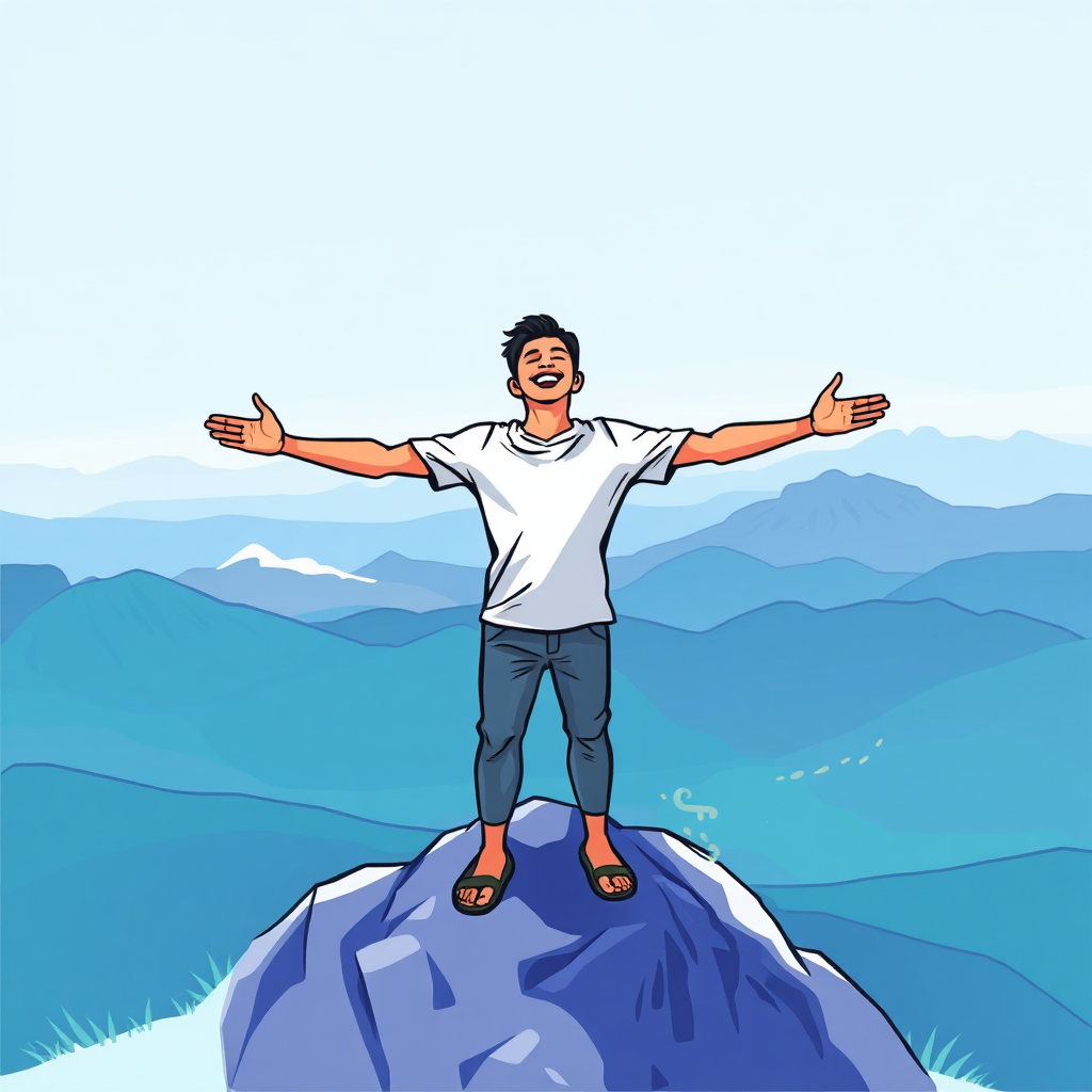 A person standing on top of a mountain, looking out at the landscape. The person is smiling, and their arms are outstretched. The scene should evoke freedom, empowerment, and possibility. The color palette consists of blues, greens, and purples. The overall feel is one of joy and fulfillment.