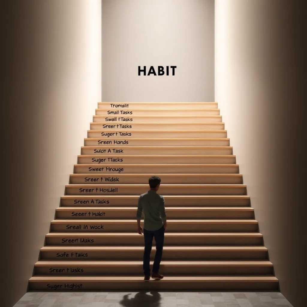 A person with a determined expression, standing at the bottom of a staircase. The steps are labeled with small, achievable tasks leading up to a large, ambitious goal at the top. The person is taking the first step, symbolizing the beginning of a new habit journey.