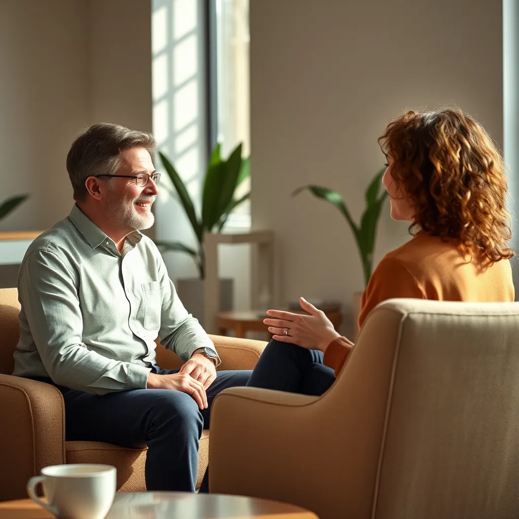 A photorealistic image of a life coach and a client sitting opposite each other in a comfortable, inviting space. They are engaged in a conversation, with the coach listening intently and the client expressing their thoughts and feelings. The setting is a modern and minimalist office, with natural light streaming through the windows. The color palette is warm and inviting, with tones of beige, brown, and green. The camera angle is slightly elevated, capturing the interaction between the coach and the client from a perspective that emphasizes their connection and rapport. The image should be rendered with high resolution and hyperrealistic details, capturing the texture of the furniture, the expression on the faces of the individuals, and the warmth of the lighting. The overall mood should be one of trust, understanding, and encouragement.