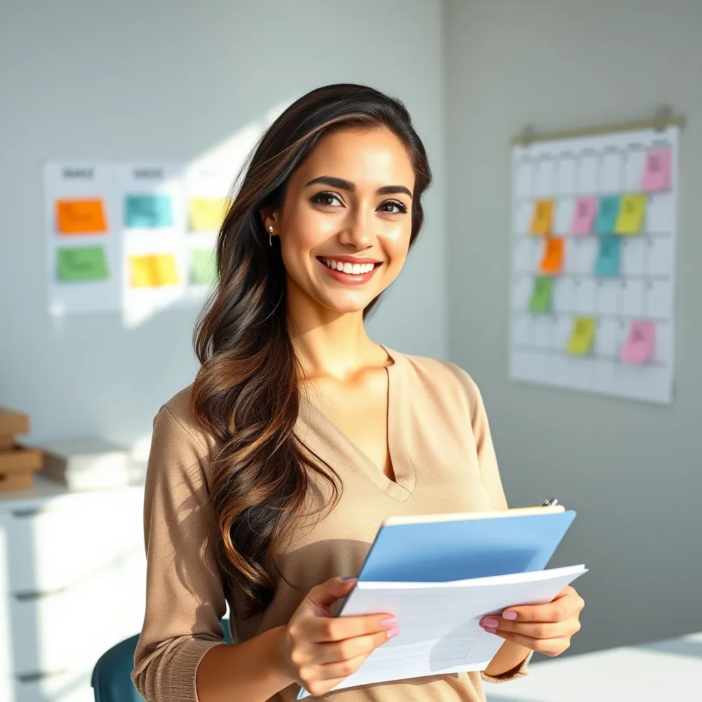A photorealistic image of a woman in a modern, minimalist office space. She is smiling, holding a notepad and pen, and has a calendar on the wall behind her with colorful sticky notes marking different activities. The lighting is bright and natural, with soft shadows. The color palette is light and airy, with pastel shades of blue, green, and pink. The camera angle is slightly elevated, looking down on the woman from a perspective that emphasizes her focus and determination. The image should have a high resolution and hyperrealistic detail, capturing the texture of the paper, the gleam of the pen, and the softness of her skin. The overall mood should be positive, energetic, and encouraging.