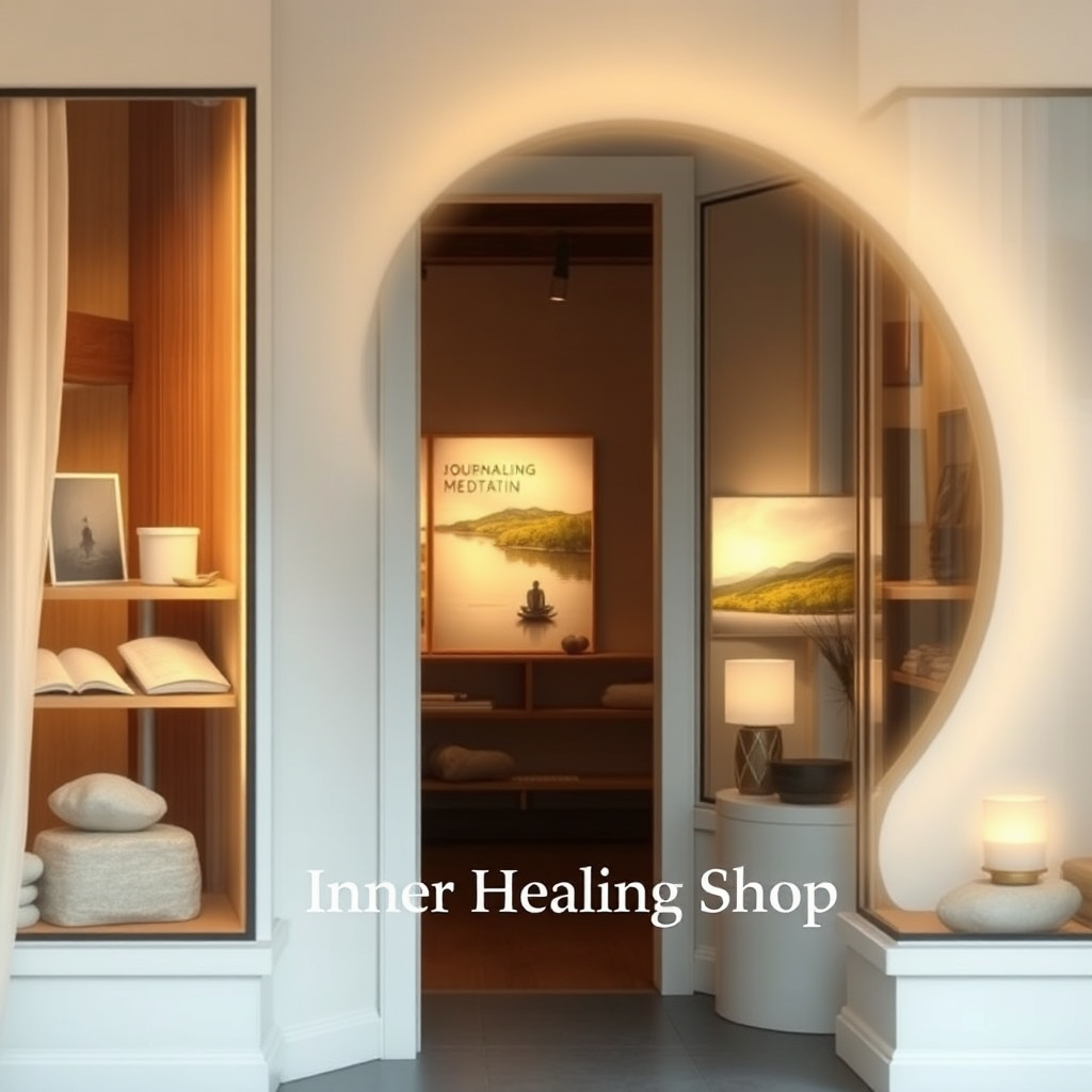A serene and inviting digital storefront. Soft, glowing light emanates from within, highlighting subtle textures of natural materials like wood and stone. Displayed are ethereal images of journaling, meditation, and nature scenes. The color palette is calming – pale blues, greens, and warm whites. A faint, golden aura surrounds the entire scene, suggesting healing and positive energy. Focus on creating a feeling of tranquility and accessibility. The words 'Inner Healing Shop' should be subtly integrated into the design.
