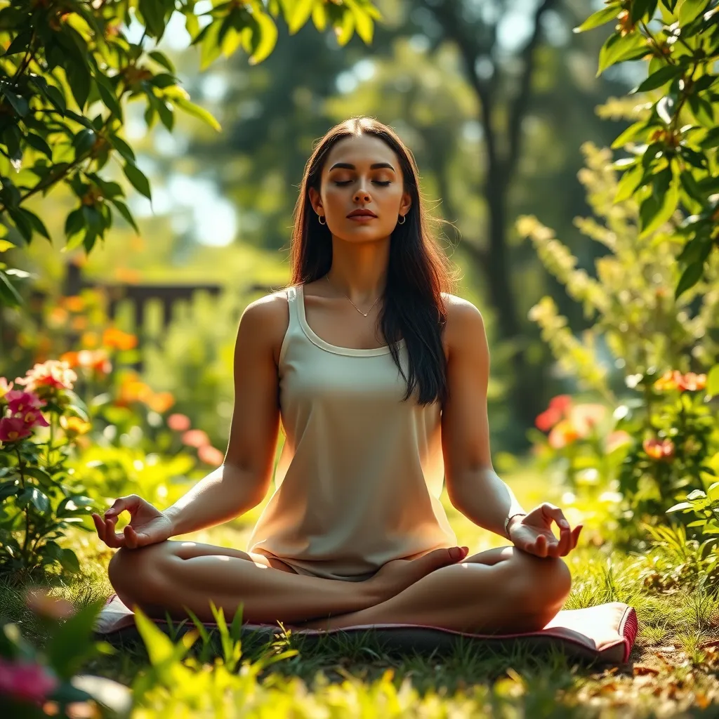 A serene and peaceful scene of a woman meditating in a tranquil garden. She is seated cross-legged on a cushion, with her eyes closed and her hands resting on her lap. The garden is lush and green, with flowers blooming in vibrant colors. Sunlight filters through the leaves, casting dappled shadows on the ground. The air is filled with the sweet scent of blossoms. The image should be shot in a warm and inviting light, with a shallow depth of field that blurs the background and emphasizes the woman's focus. The color palette is soft and earthy, with tones of green, brown, and gold. The camera angle is low and close-up, capturing the woman's face and the peaceful expression on her features. The image should be rendered in high resolution and with photorealistic details, highlighting the texture of the leaves, the softness of the flowers, and the calmness of the woman's demeanor. The overall mood should be one of serenity, peace, and tranquility.