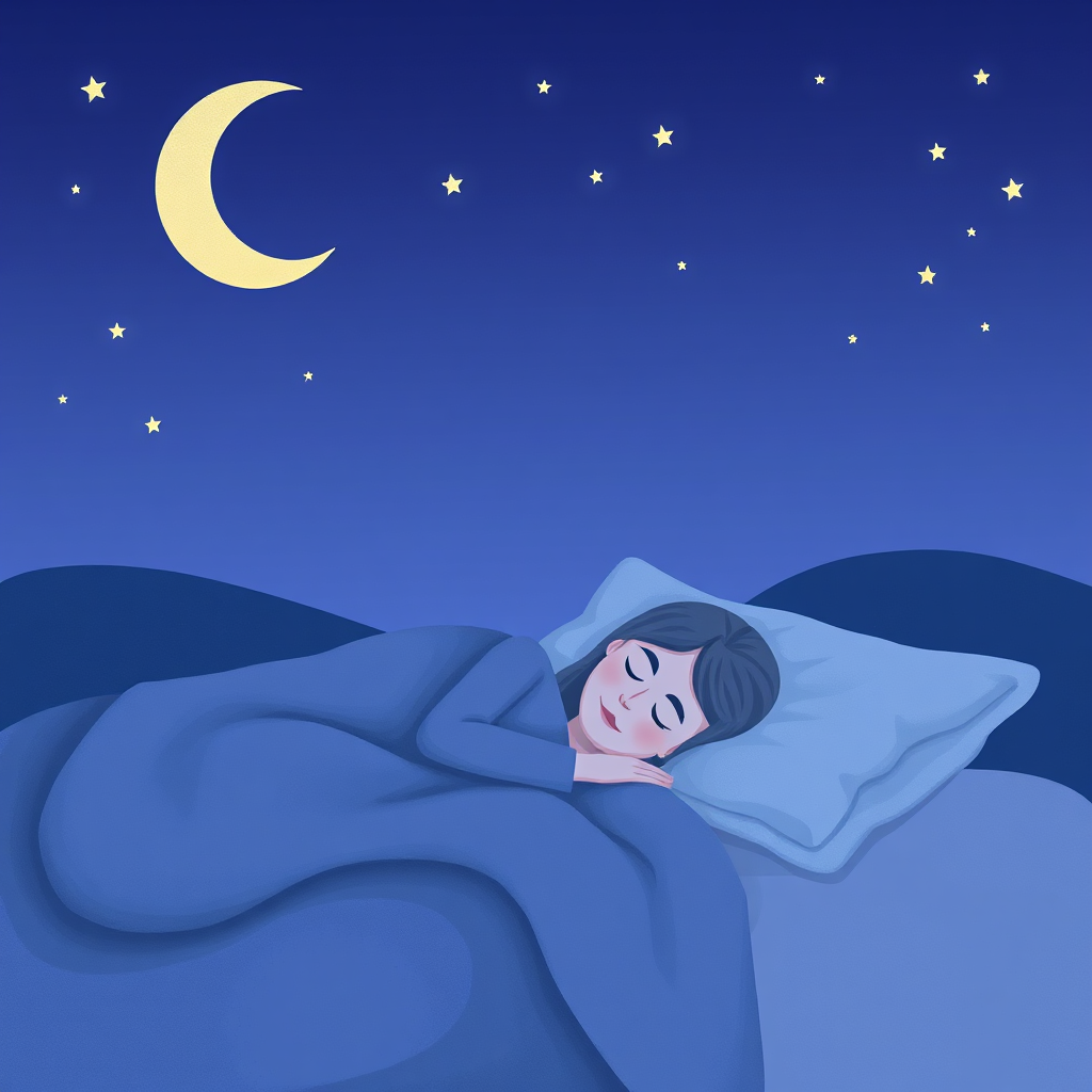 A serene night scene with a crescent moon and stars. A person is sleeping peacefully in bed, surrounded by soft blankets and pillows. The scene should evoke comfort, relaxation, and tranquility. The color palette should consist of blues, purples, and grays. The overall feel is one of peace and serenity.