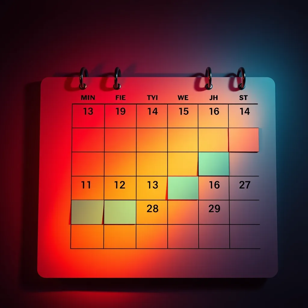 A stylized calendar with days highlighted in different colors, representing consistent action toward a specific goal. The colors transition smoothly from light to dark, symbolizing the increasing momentum and strength of the habit over time.