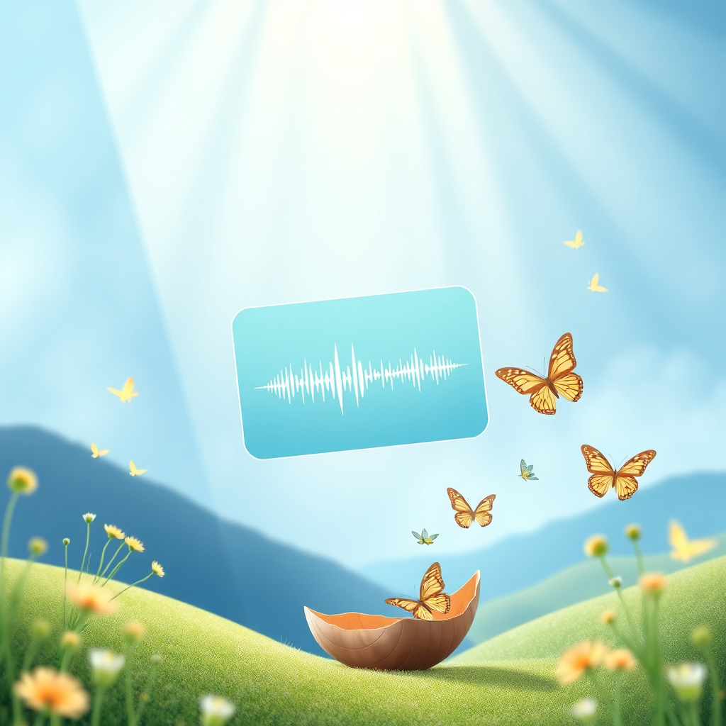 A stylized image representing Life coach Urna's mission. The scene should depict a digital product card floating amidst a calming blue and green landscape with healing light streaming from above. The card displays a relaxing sound wave pattern. Subtle, stylized representations of emotions being released as butterflies are emerging from a cocoon nearby. The overall feel is one of hope, renewal, and transformation. Color palette: calming blues, greens, and soft gold accents. The image style should be clean and modern with a hint of whimsy. Technical specs: 4K resolution, high quality digital rendering.
