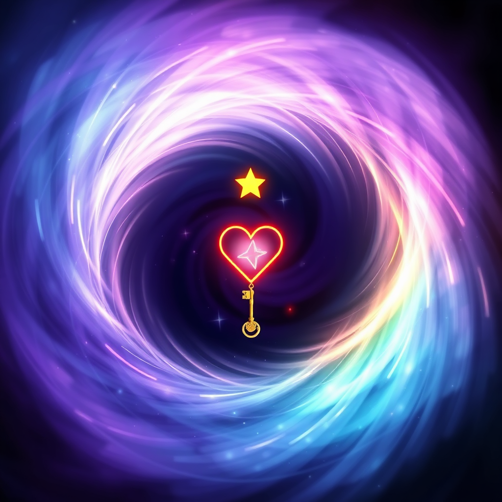 A swirling vortex of light and color, representing the depths of the subconscious mind. Within the vortex are subtle images of symbols associated with positive affirmations: a heart, a star, a key. The overall color scheme is a mix of deep purples, blues, and greens, creating a sense of mystery and transformation. The image should convey the power of hypnosis to reprogram the subconscious mind and create lasting change. It should also evoke a feeling of safety and trust.