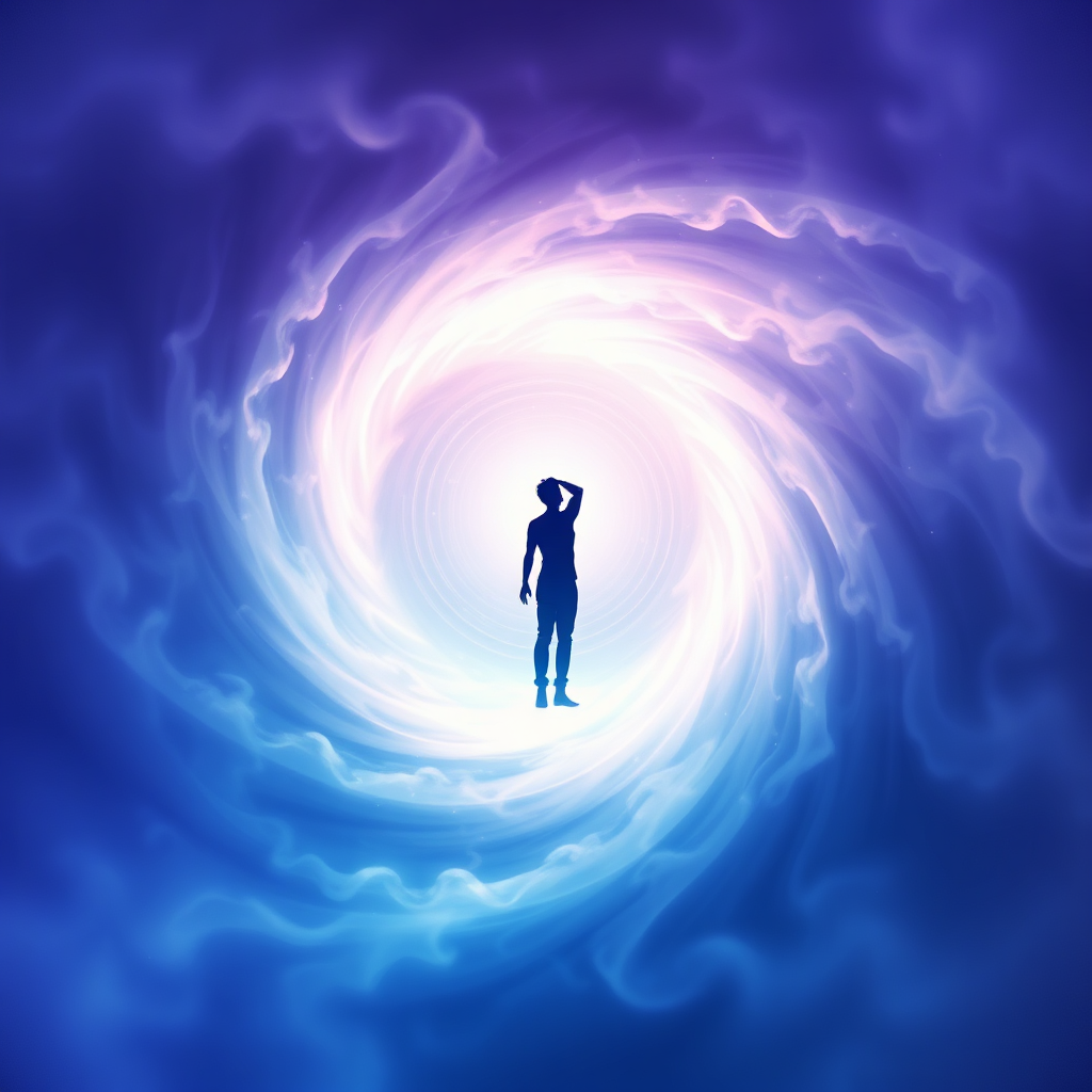A swirling vortex of light representing the subconscious mind being accessed. A subtle human silhouette can be seen reaching upward in the center. The overall image should invoke a sense of mystery and transformation, with colors blending seamlessly from deep blues to soft purples.