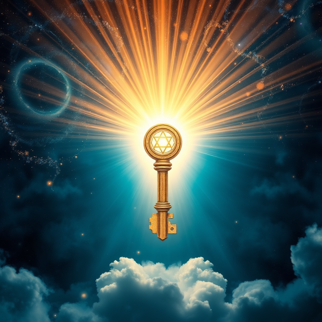 A symbolic representation of unlocking potential. Imagine a vintage-style key made of light, radiating outwards. It is unlocking a door framed by swirling galaxies and nebulous clouds. Subtle hints of geometric patterns are embedded within the light of the key, suggesting structure and knowledge. The overall color scheme is a deep, rich blue contrasted with the bright, golden light of the key. The feeling should be one of hope, possibility, and empowerment. Focus on creating a visually stunning and thought-provoking image.