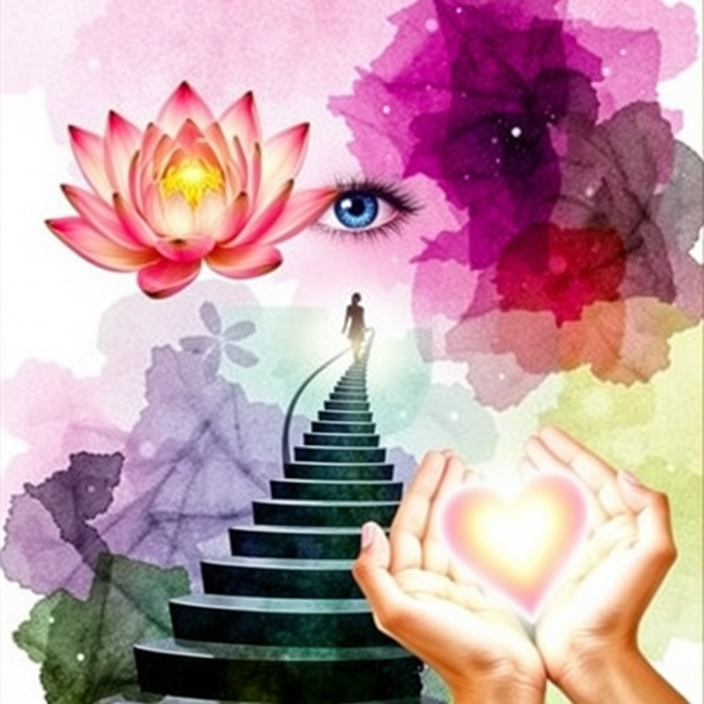 An artful collage representing various self-healing modalities. Imagine a blend of abstract watercolor textures, layered with symbolic imagery: a blooming lotus flower (representing enlightenment), a calming eye, a spiral staircase leading upwards (representing growth), and hands gently holding a glowing heart. The color palette should be a mix of vibrant and soothing tones – deep purples, soft pinks, and earthy greens. Use light and shadow to create depth and visual interest. Each element should subtly hint at the power of inner transformation. Avoid making it too literal; instead, focus on capturing the essence of healing and growth.
