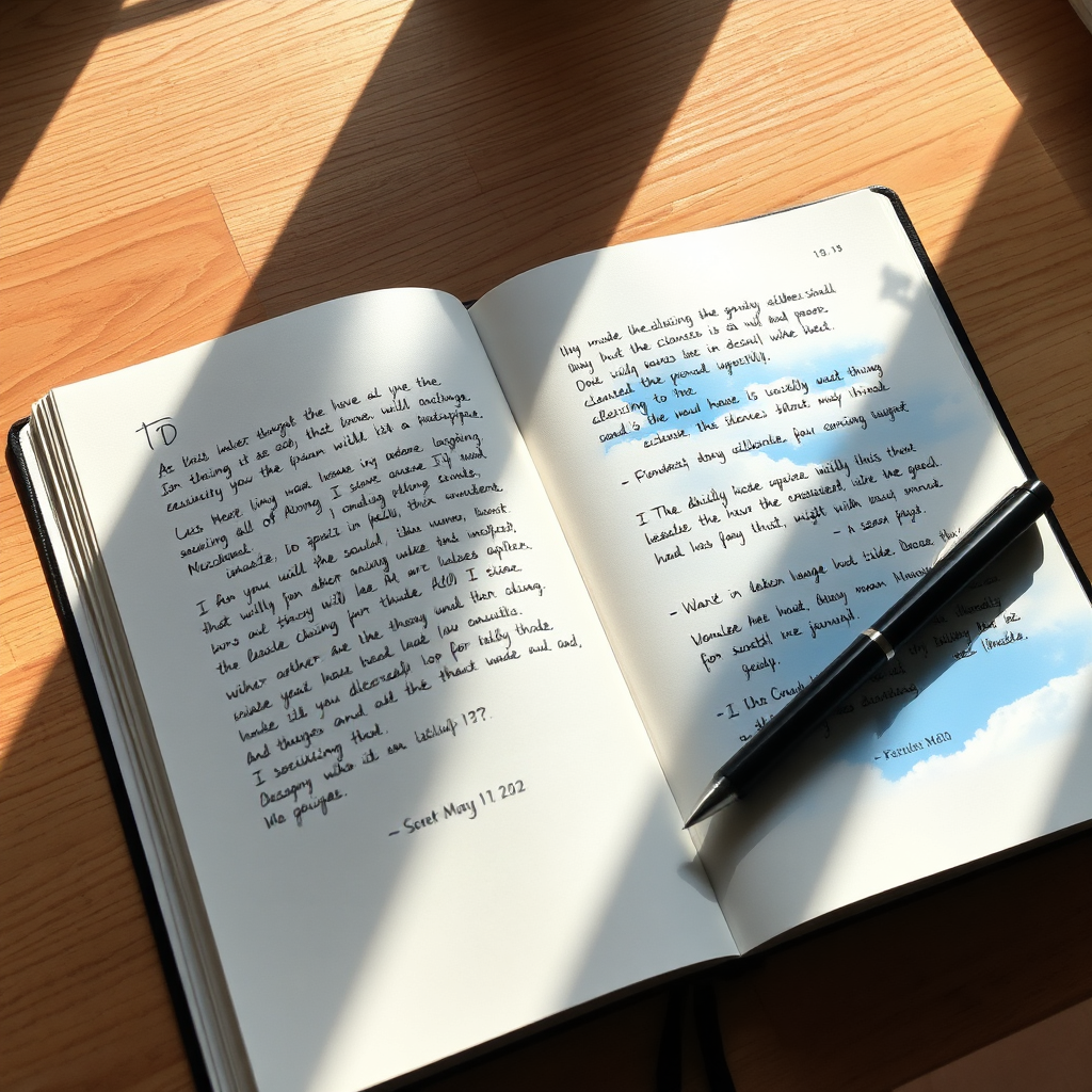 An open journal lying on a wooden desk. Sunlight streams in from a nearby window, illuminating the pages. A pen rests beside the journal. The pages are filled with handwritten notes, doodles, and inspiring quotes. Subtle images of clouds parting to reveal a clear blue sky are overlaid on the journal pages. The overall tone is peaceful and reflective, conveying a sense of clarity and focus. The journal should appear well-loved and frequently used.