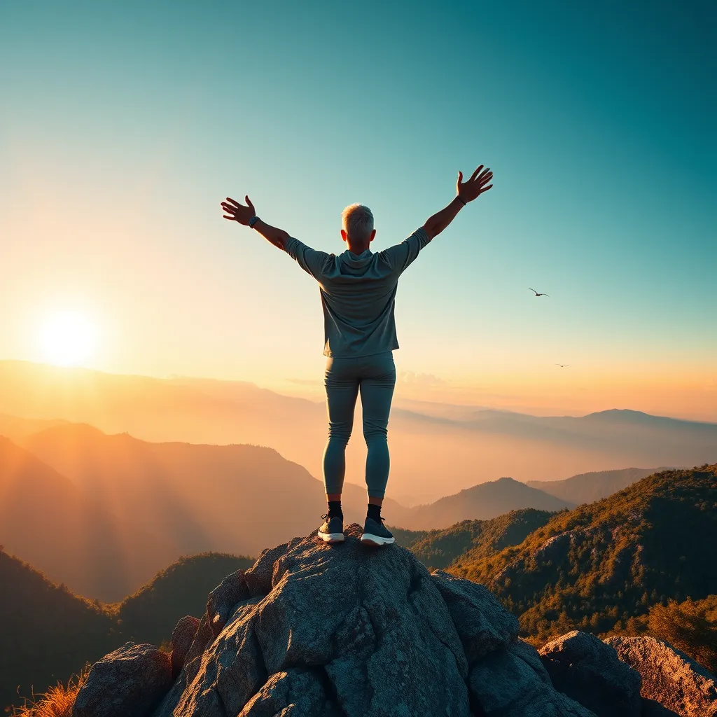 Generate a photorealistic, ultra-high quality header image showcasing the power of habit transformation. The image should feature a person standing confidently on a mountain peak, arms outstretched, with a panoramic view of a majestic sunrise over a mountain range.  The person should be dressed in comfortable, activewear clothing, with a sense of empowerment and tranquility radiating from them. The lighting should be warm and inviting, with soft, golden rays illuminating the scene.  The color palette should be vibrant, with hues of sunrise orange, deep blue sky, and lush green vegetation. The camera angle should be low, emphasizing the vastness of the landscape and the person's sense of achievement. The texture and material details should be rendered with hyperrealistic accuracy, showcasing the ruggedness of the mountain terrain and the softness of the clothing.  Include subtle environmental elements such as birds soaring in the sky and clouds drifting across the horizon. The overall mood should be inspiring and motivational, reflecting the transformative power of mastering new habits.  For style references, draw inspiration from nature photography, motivational posters, and wellness imagery. Render the image in 8K resolution with a hyperrealistic style. , ultra high resolution, photorealistic, 8K, hyperdetailed, cinematic lighting
