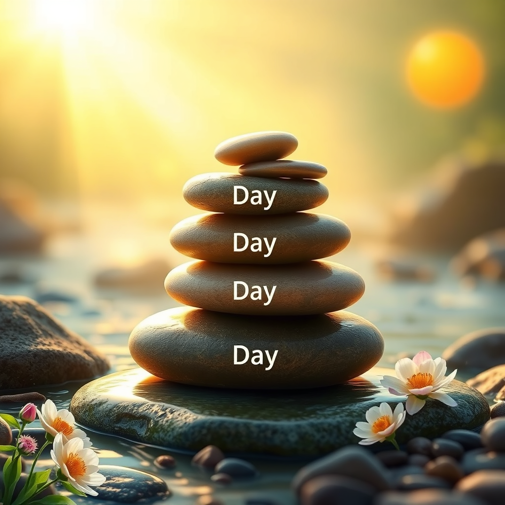Seven stacked stones, each representing a day of the self-healing journey. The stones are bathed in soft, golden light. Surrounding the stones are subtle images of nature: flowing water, blooming flowers, and a rising sun. The color palette is warm and inviting, with earthy tones and hints of gold. The image should convey a sense of balance, harmony, and the gradual process of healing. Each stone should subtly reflect the progress of the healing process.