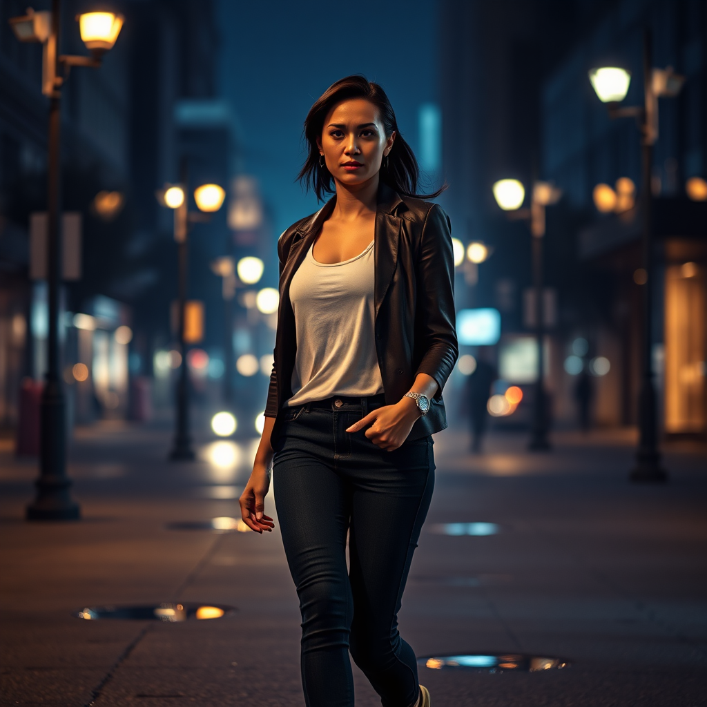 Create a 4K resolution, photorealistic image depicting a woman confidently walking alone at night in a well-lit urban environment. The focus should be on her posture and awareness, conveying a sense of self-assuredness and control. The background should be slightly blurred to maintain focus on the woman. Use a cool color palette of blues and purples to represent the night, with warm highlights from streetlights to create a sense of safety. The camera angle should be at eye level, emphasizing her perspective. Add subtle details like the reflection of city lights in puddles. The overall style should be modern and empowering, conveying the message that self-defense is about awareness and confidence as much as physical skills.
