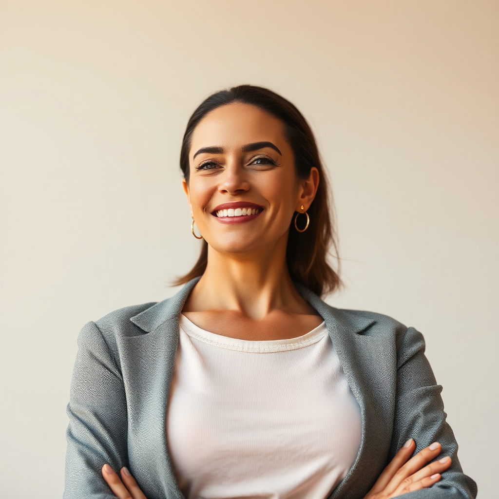 Create a photorealistic image of a woman standing tall and confident in a neutral setting, radiating self-assurance. The lighting should be soft and flattering, highlighting her positive expression. Use a warm color palette to convey a sense of empowerment and inner strength. The camera angle should be slightly below eye level to emphasize her authority. Add subtle details like a relaxed yet firm posture.