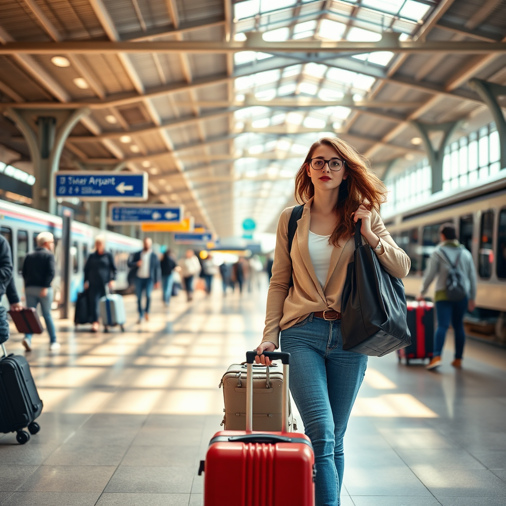Create a photorealistic image of a woman confidently navigating a busy airport or train station. She is carrying her luggage with awareness and purpose. The lighting should be bright and natural, conveying a sense of energy and excitement. Use a warm color palette to create a welcoming atmosphere. The camera angle should be at eye level, emphasizing her perspective.