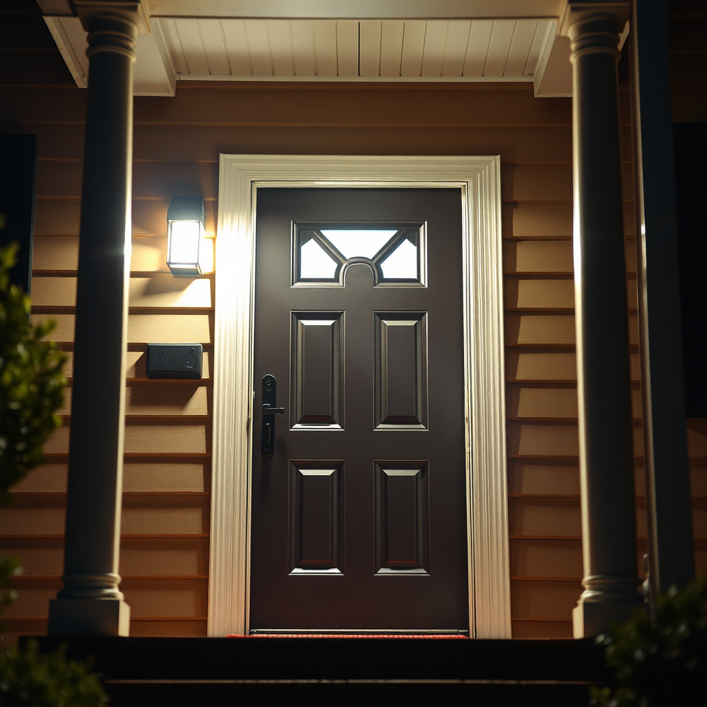 Create a photorealistic image of a well-lit and secure home entrance. The focus should be on the security features, such as a strong door, a bright porch light, and a visible security camera. Use a warm color palette to convey a sense of safety and comfort. The camera angle should be from a slightly low perspective, emphasizing the strength and stability of the home.
