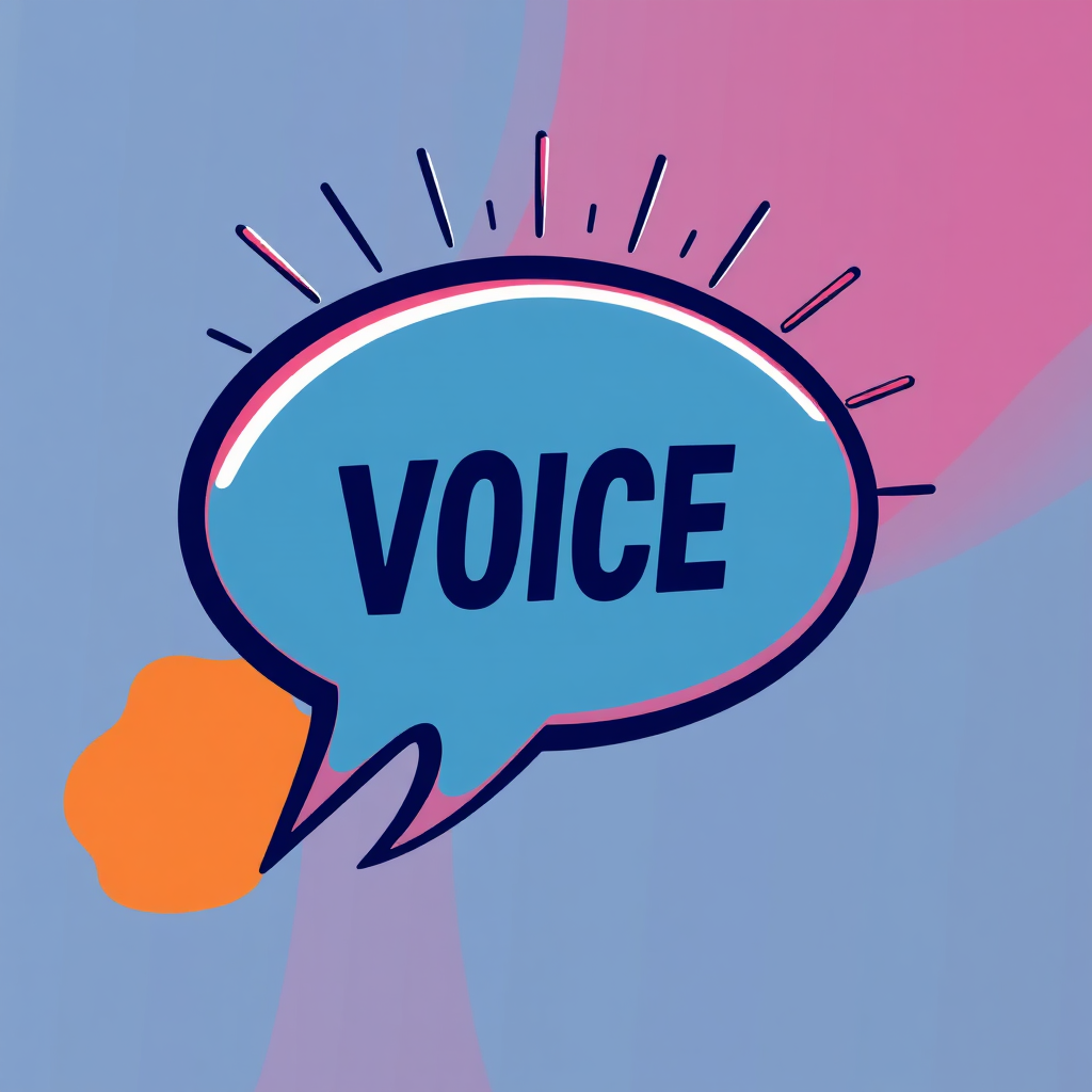 Create a stylized image representing communication and assertiveness. Use a speech bubble with a strong, confident voice inside, radiating power and clarity. The color palette should be bold and vibrant, conveying a sense of authority and presence. Add subtle details like sound waves or radiating lines to emphasize the power of the voice.