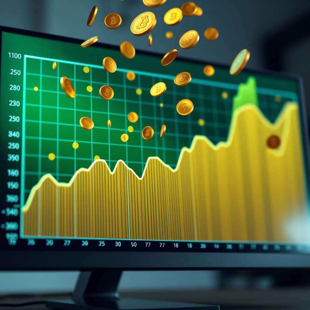 A 4K photorealistic image of a graph trending upwards with digital coins raining down from above. The graph is displayed on a computer screen, symbolizing financial growth and success. The color palette is a mix of greens and golds, creating a sense of wealth and prosperity. The style is professional and aspirational, with a focus on results and achievement. Add subtle lighting effects to enhance the sense of abundance and opportunity. The background should be blurred, focusing on the graph and the coins.