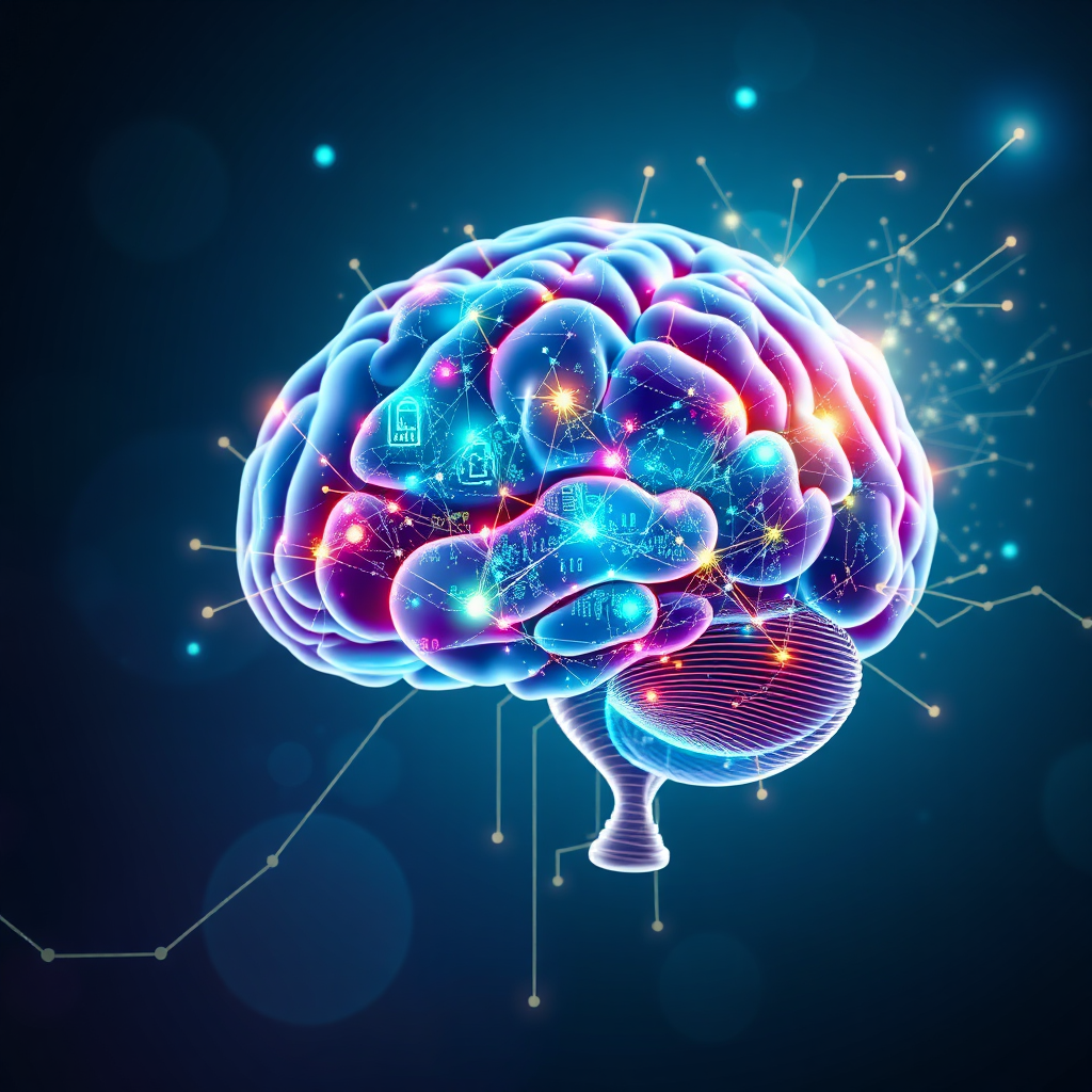 A 4K stylized image of a brain with glowing circuit patterns and data streams flowing through it. The brain is connected to a globe, symbolizing global market reach. The color palette is a mix of blues, greens, and purples, creating a sense of intelligence and innovation. The style is futuristic and abstract, with a focus on connectivity and insights. Add subtle particle effects to enhance the sense of information flow and discovery. The overall composition should be dynamic and engaging, representing the potential of AI.