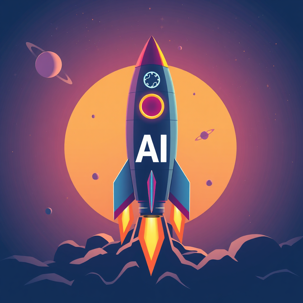 A 4K stylized image of a rocket launching into space, with the word 'AI' prominently displayed on its side. The rocket is surrounded by stars and planets, symbolizing limitless potential. The color palette is a mix of blues, purples, and oranges, creating a sense of adventure and innovation. The style is futuristic and dynamic, with a focus on speed and scale. Add subtle lighting effects to enhance the sense of power and momentum. The overall composition should be upward and forward-looking.