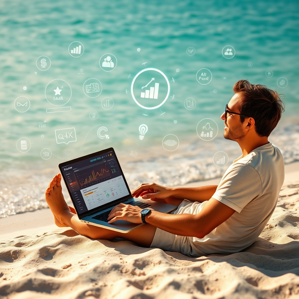 A hyperrealistic 8K photograph showcasing the transformative power of AI in marketing. The scene depicts a person sitting comfortably on a beach, laptop open, with holographic AI interfaces swirling around them, visualizing data streams and marketing automation processes. The lighting is warm and golden, creating a sense of freedom and accomplishment. The environment should be a tropical beach with clear turquoise water, emphasizing the 'escape' from traditional work. The laptop screen displays a dashboard with positive growth charts and AI algorithm visualizations. Style should be similar to a high-end stock photo, focusing on clarity, vibrant colors, and a sense of aspirational lifestyle. Consider adding subtle lens flares and depth-of-field effects to enhance realism and draw focus to the laptop and the person's relaxed expression. The overall mood should be optimistic and empowering, hinting at financial freedom and location independence enabled by AI marketing.
