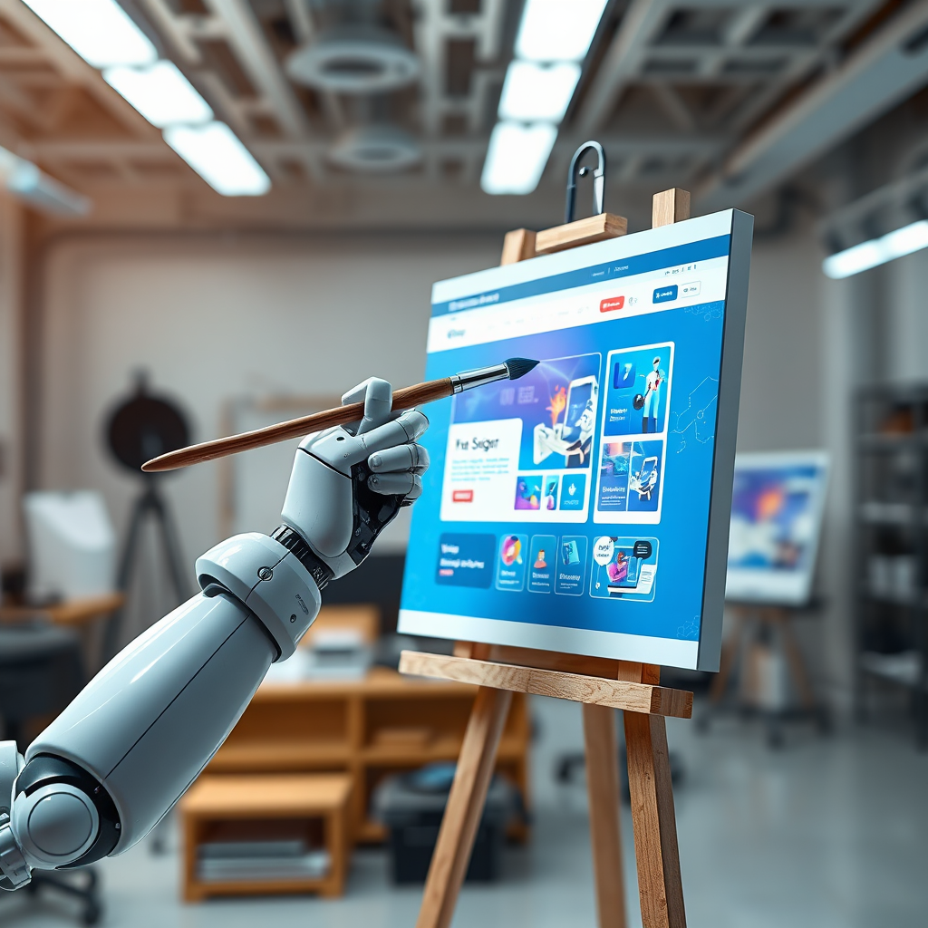 A photorealistic image depicting a robot arm holding a paintbrush and painting a website interface onto a canvas. The robot arm should be sleek and modern. The canvas should display a vibrant and engaging website design. The background should be a futuristic design studio. The lighting should be bright and innovative. The color palette should include blues, grays, and whites. Technical specs: 4K resolution, photorealistic, high quality.