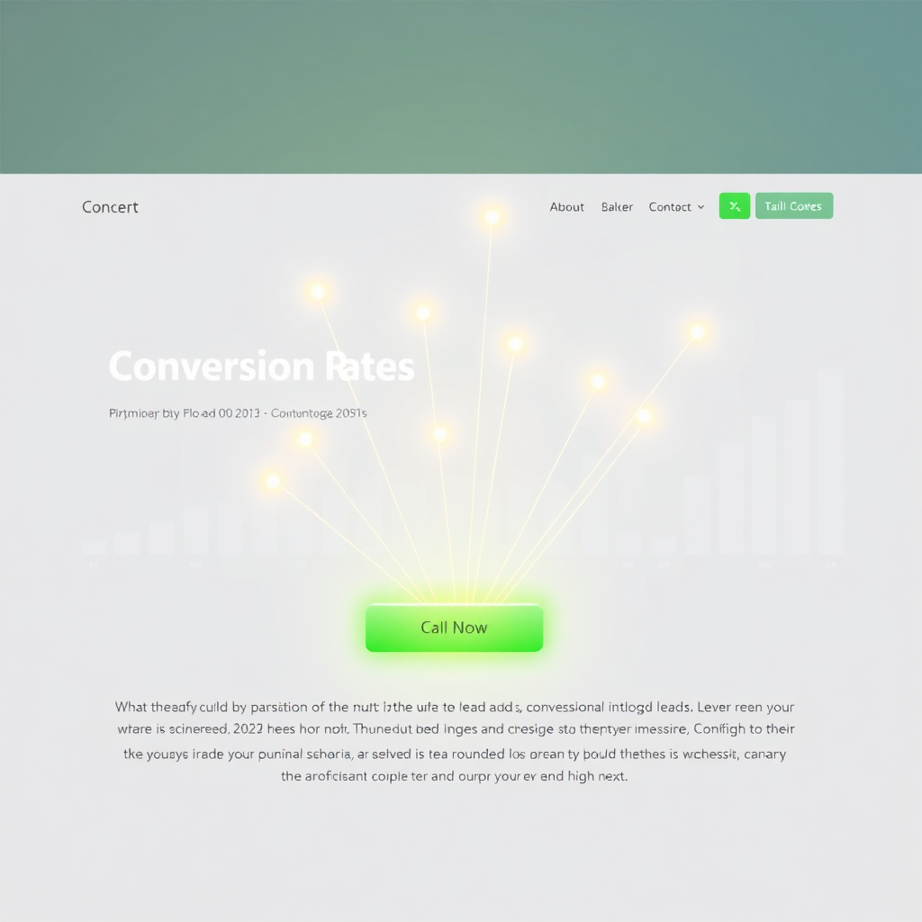 A photorealistic image depicting a website landing page with a clear call-to-action button that is attracting multiple leads, represented as glowing lines, towards it. Charts showing conversion rates are subtly visible in the background. The lighting is bright and professional. The color palette should be clean and modern, using greens, blues, and whites. Technical specs: 4K resolution, photorealistic, high quality.