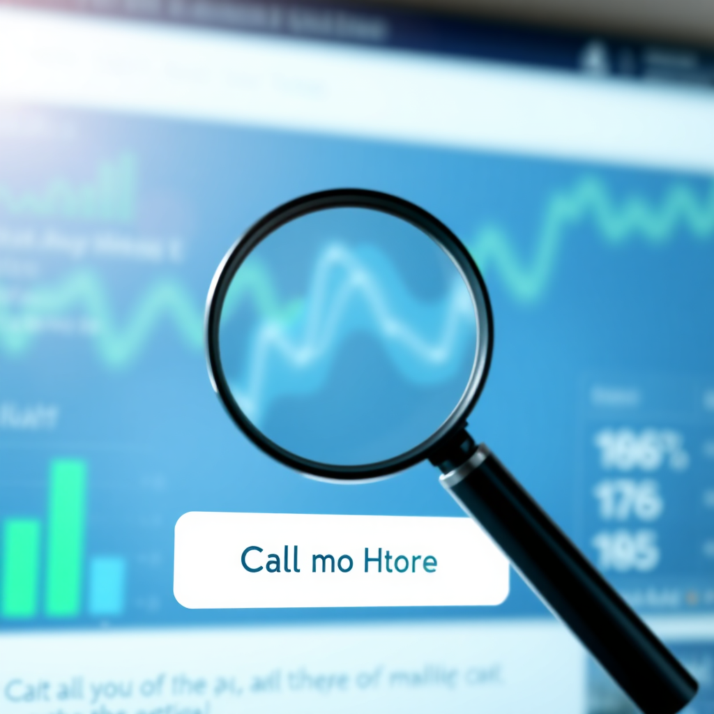 A photorealistic image depicting a website landing page with a clear call-to-action button. A magnifying glass is hovering over the button, symbolizing optimization. The background should be a blurred image of website analytics. The lighting should be bright and focused. The color palette should include greens, blues, and whites. Technical specs: 4K resolution, photorealistic, high quality.