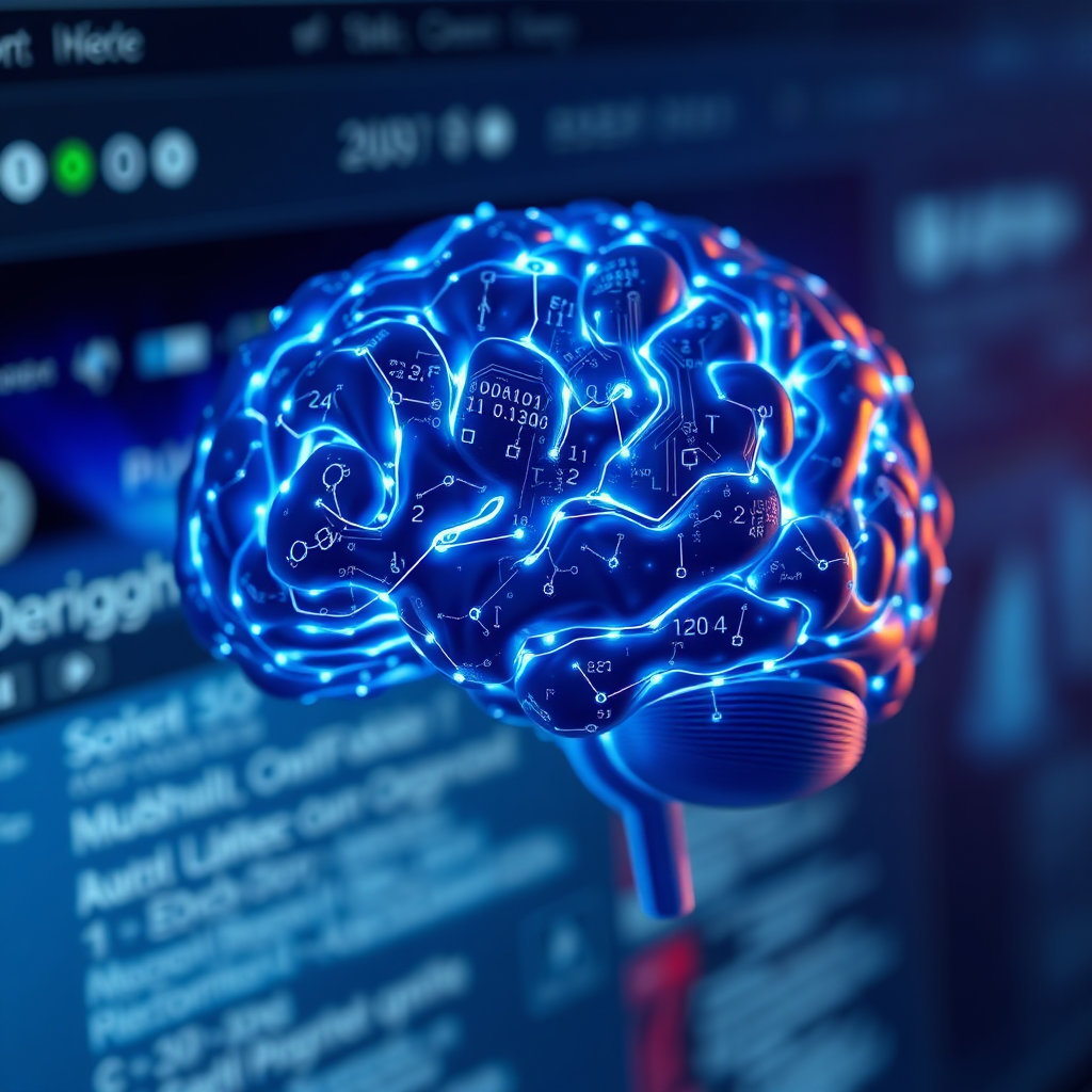 A photorealistic image of a brain composed of digital circuits, representing AI-driven design. The circuits should glow with soft, blue light. The background should be a blurred image of a website interface. The lighting should be soft and futuristic. The color palette should include blues, grays, and whites. Technical specs: 4K resolution, photorealistic, high quality.