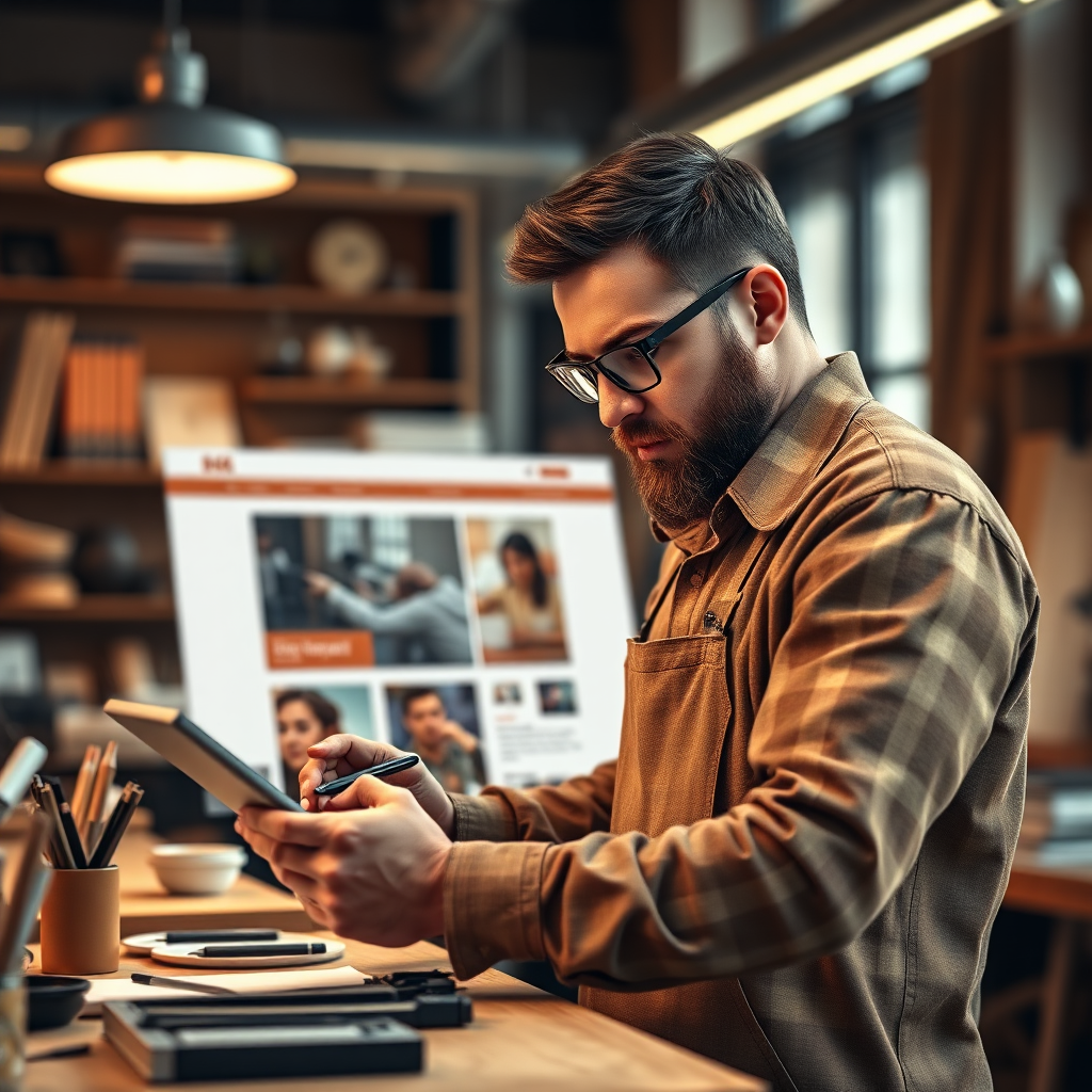 A photorealistic image of a craftsman meticulously working on a website design. The craftsman should be using digital tools, such as a stylus and tablet. The background should be a modern, creative workspace. The lighting should be warm and inviting. The color palette should include browns, golds, and whites. Technical specs: 4K resolution, photorealistic, high quality.