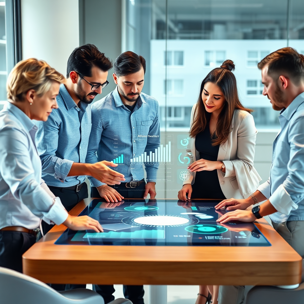 A photorealistic image of a diverse team of professionals collaborating around a holographic table, analyzing data and brainstorming ideas. The holographic table displays AI algorithm visualizations and market trends. The lighting is bright and professional, creating a sense of teamwork and innovation. The style is clean and modern, with a focus on collaboration and strategy. The team should appear engaged and focused on achieving a common goal.