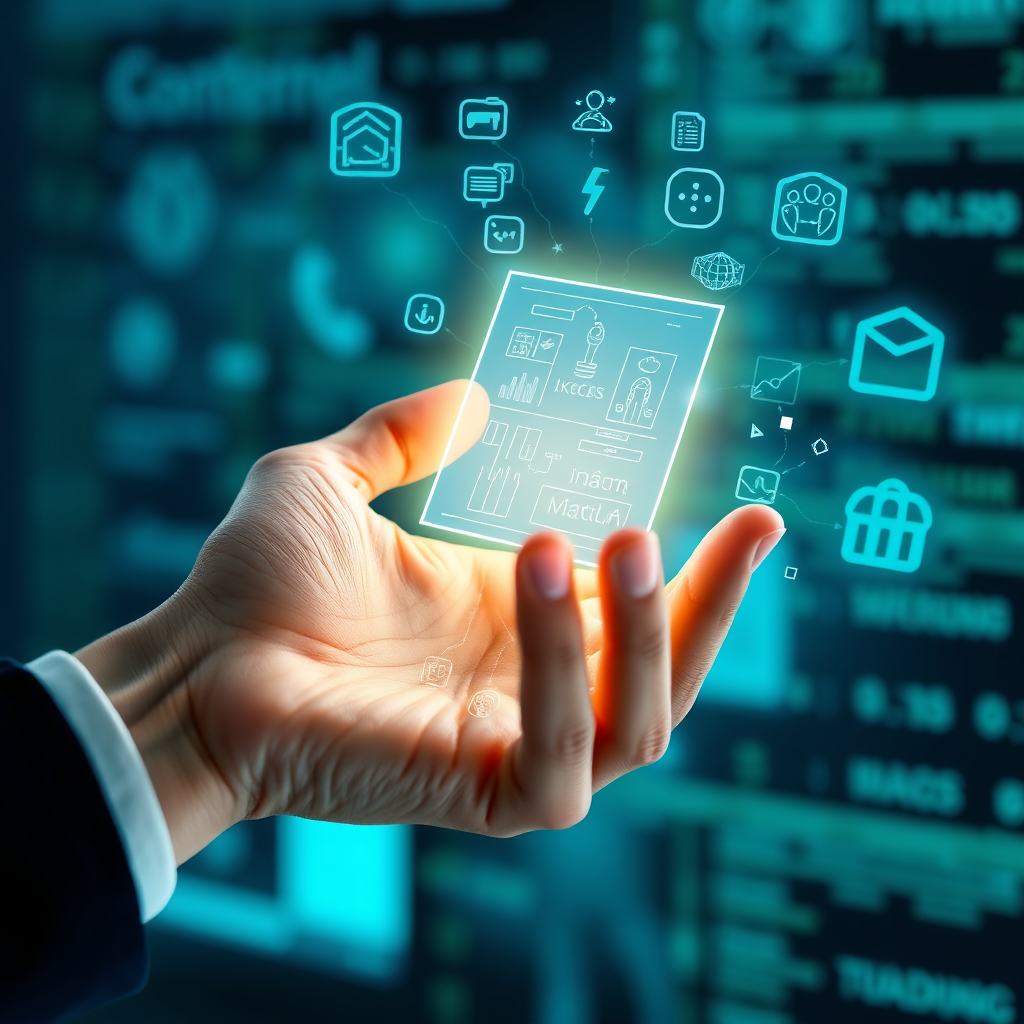 A photorealistic image of a hand reaching out to grab a glowing blueprint floating in mid-air. The blueprint is surrounded by digital icons and data streams. The color palette is a mix of blues and greens, creating a sense of opportunity and knowledge. The style is clean and modern, with a focus on clarity and accessibility. Add subtle lighting effects to enhance the sense of magic and discovery. The background should be blurred, focusing on the hand and the blueprint.